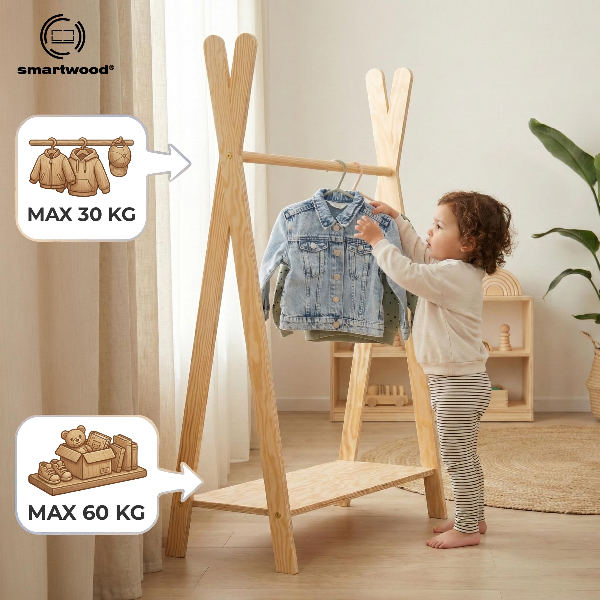 Perchero de Pie TIPI M 97x63x36 cm Burro Ropa Montessori Contrachapado de Pino FSC Barra para Ropa Estante Capacidad de Carga 30 kg