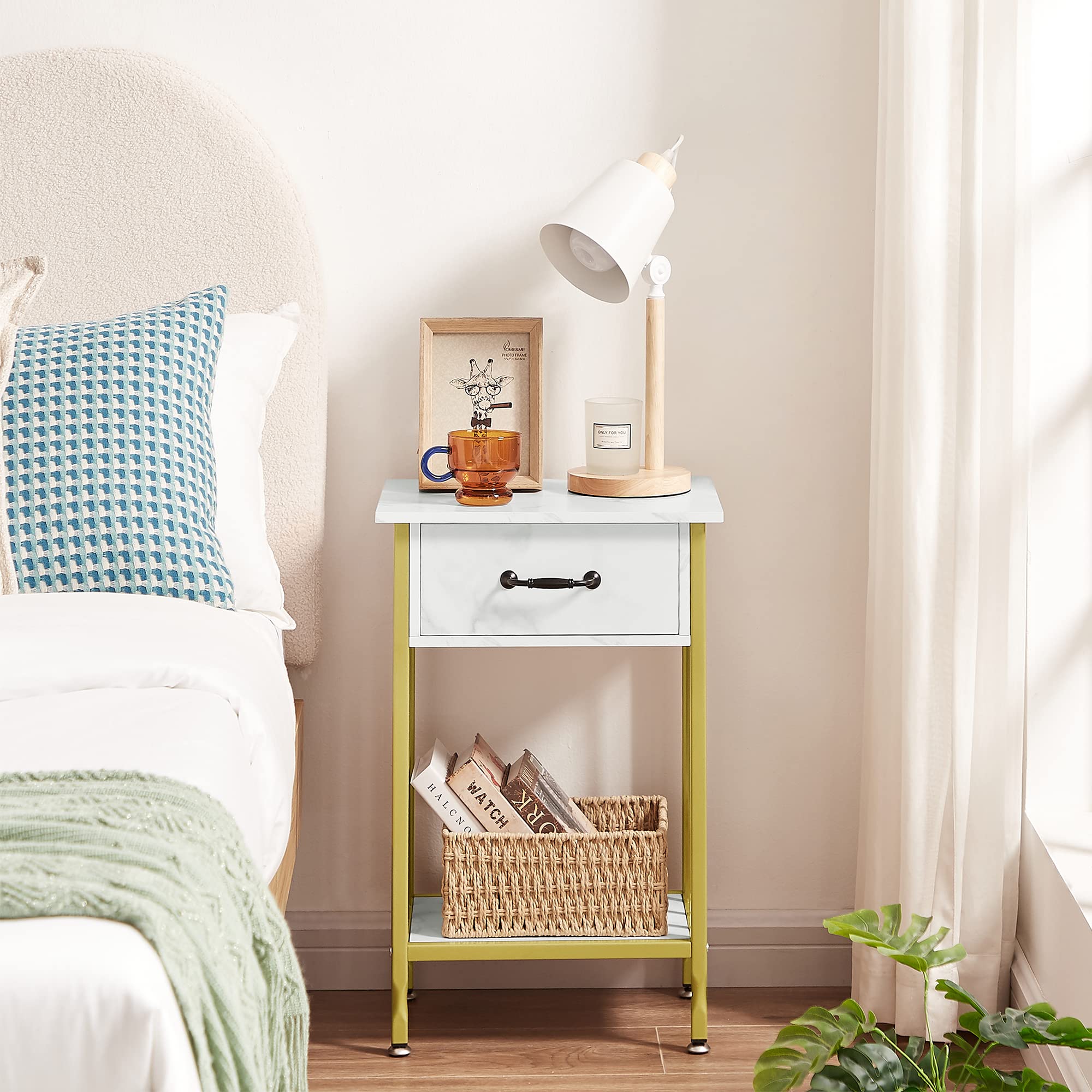 VECELO Mesitas De Noche, Mesa Auxiliar De 3 Niveles Con Cajón Y Estante De Almacenamiento, Organizador De Mesitas De Noche, Mesitas De Noche Para Dormitorio, Sala De Estar, Mesa De Madera