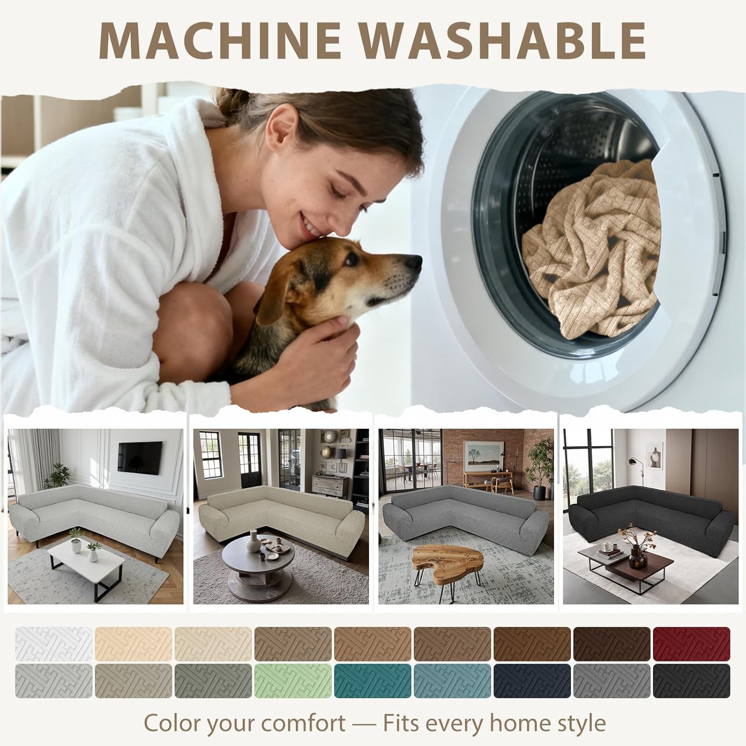 Sectional Couch Covers L Shape Sofa Cover 1-Piece Stretch Corner Couch Covers Non Slip Washable Sofa Slipcovers Soft Fleece Furniture Protector for Dogs Pet (Large, Beige)