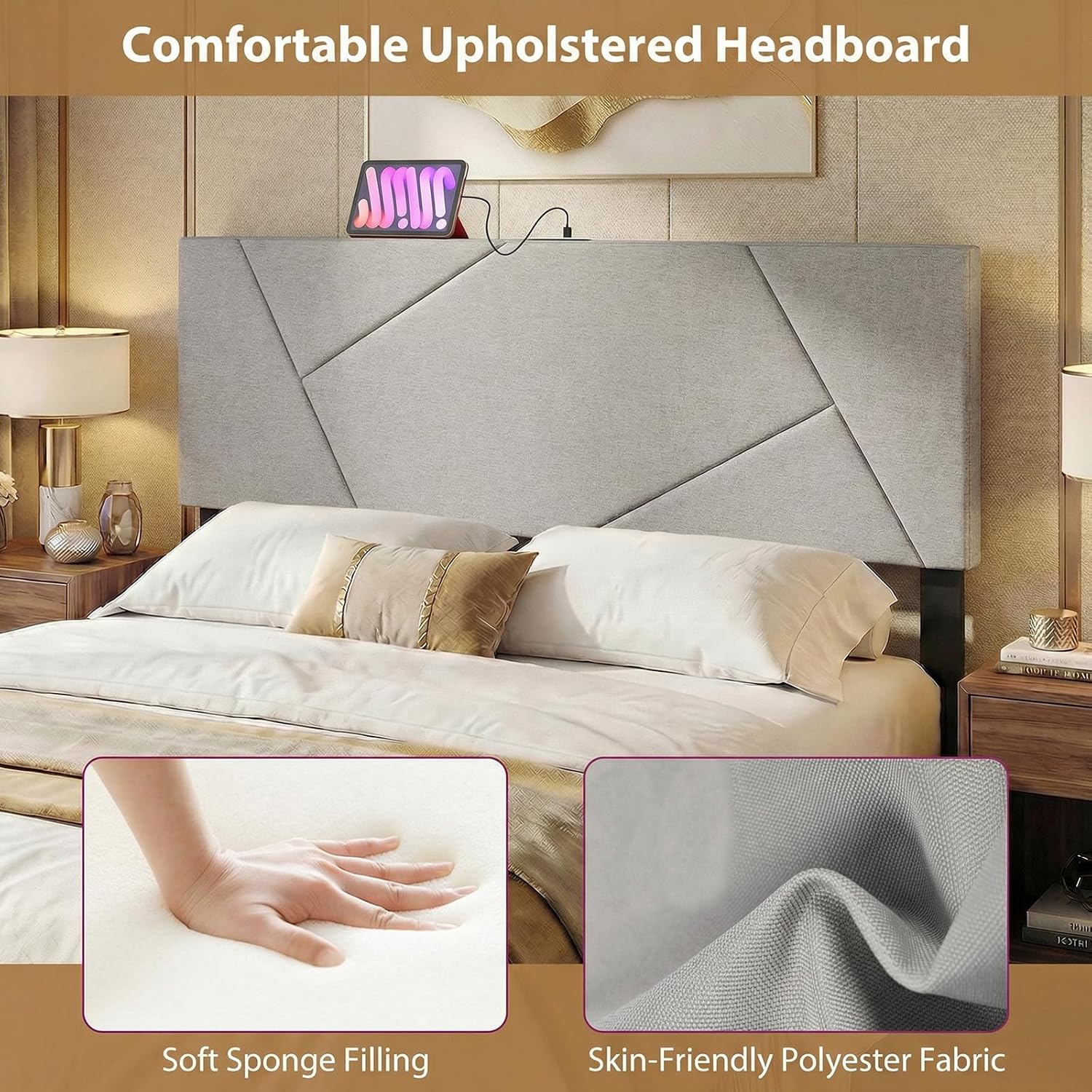 Giantex Headboard with Charging Station, Queen/Full Size Geometric Tufted Upholstered Head Board w/2 AC Outlets, USB & Type-C Ports, Rubber Wood Legs, Width Adjustable Modern Bed Headboard Only (Grey)