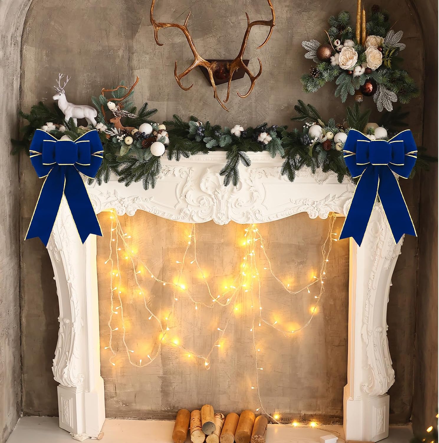 2 Pcs Christmas Wreath Bows for Front Door, Blue Velvet Ribbon Bowknot Holiday Bows Accessories for Wreath Christmas Wedding Decorations