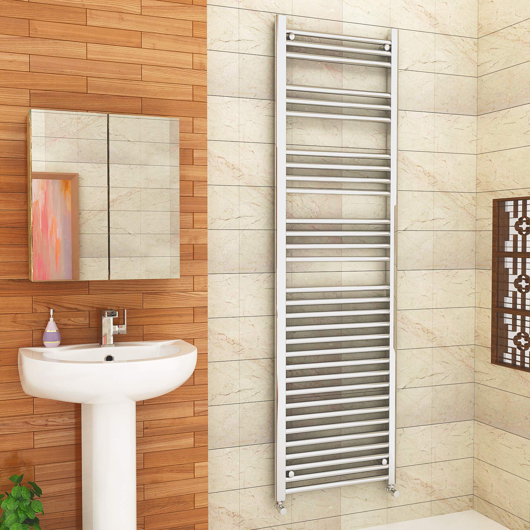 1800 x 600mm (H x W) Bathroom Central Heating Straight Ladder Towel Rail Radiator - Chrome Finish