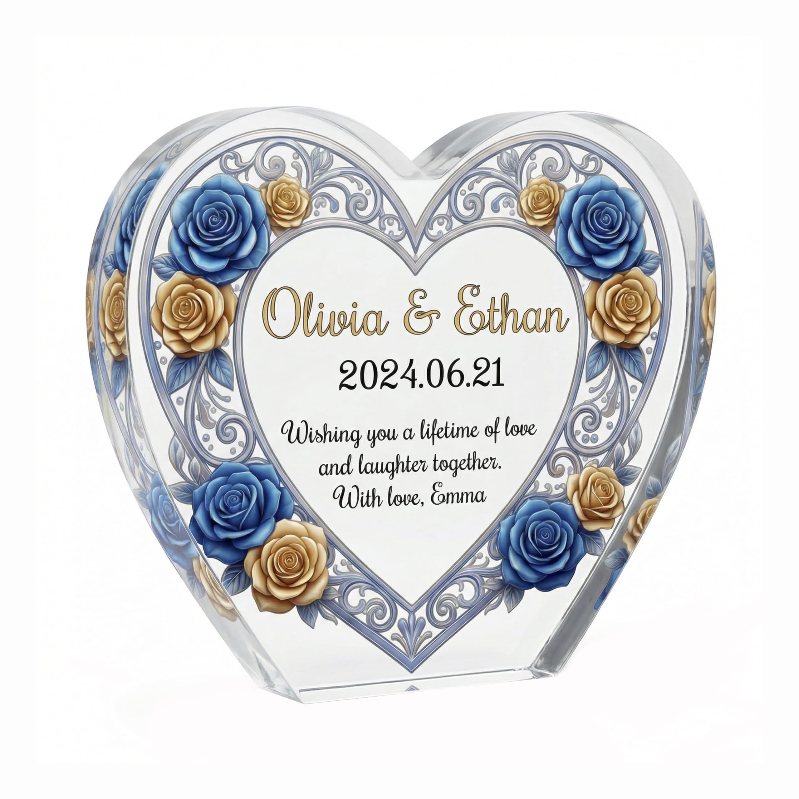 MyKeepsy Personalised Wedding Anniversary Plaque, Custom Names & Date Acrylic Keepsake, Floral Design for Couple, Wife, Husband, Wedding Decoration (Blue Rose Heart)