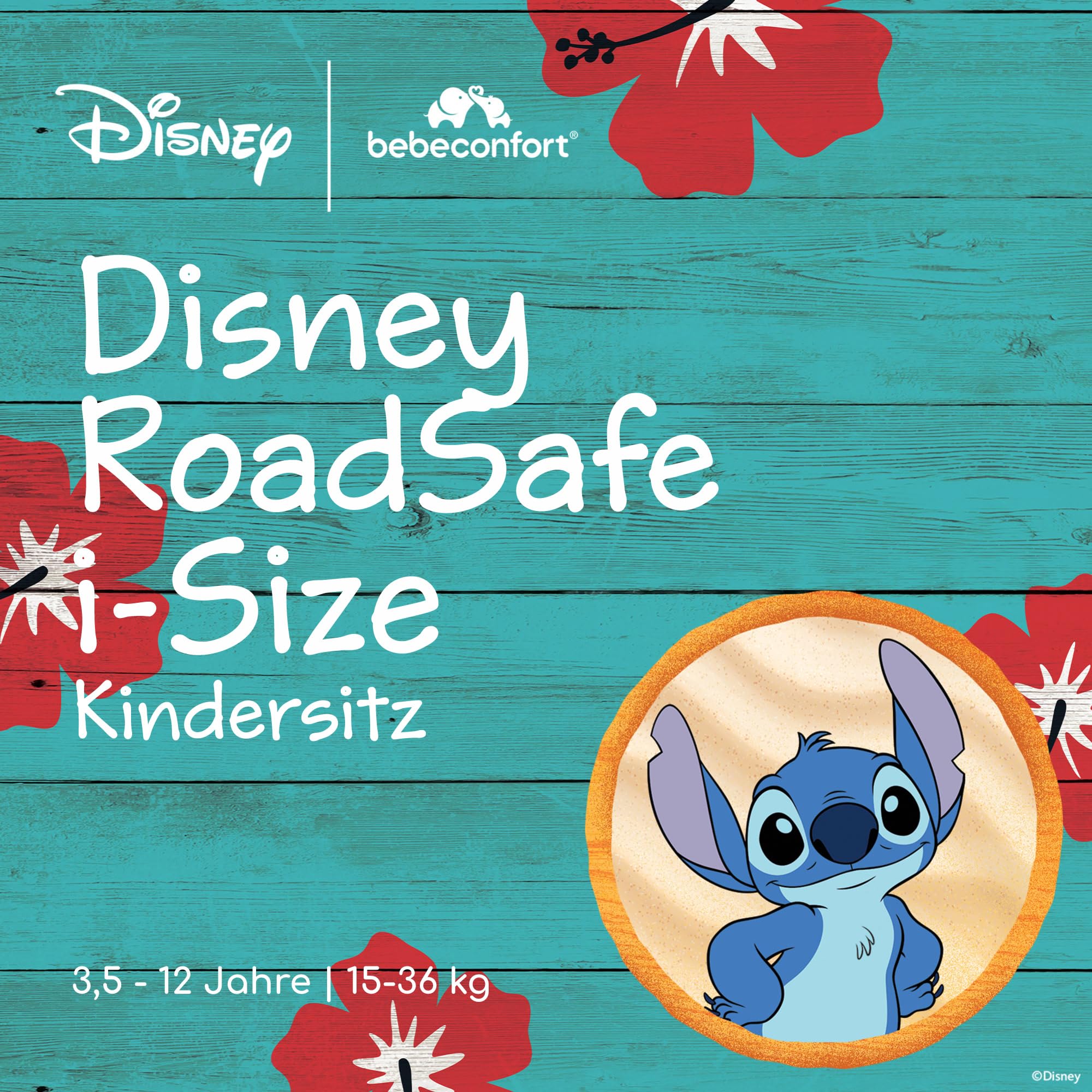 Bebeconfort Disney RoadSafe i-Size, Kindersitzerhöhung mit Rückenlehne, 3,5–12 Jahre (100–150 cm), Klappbarer Kindersitz Stitch Disney, Gurtinstallation, 14 Kopfstützenpositionen, Authentic Stitch