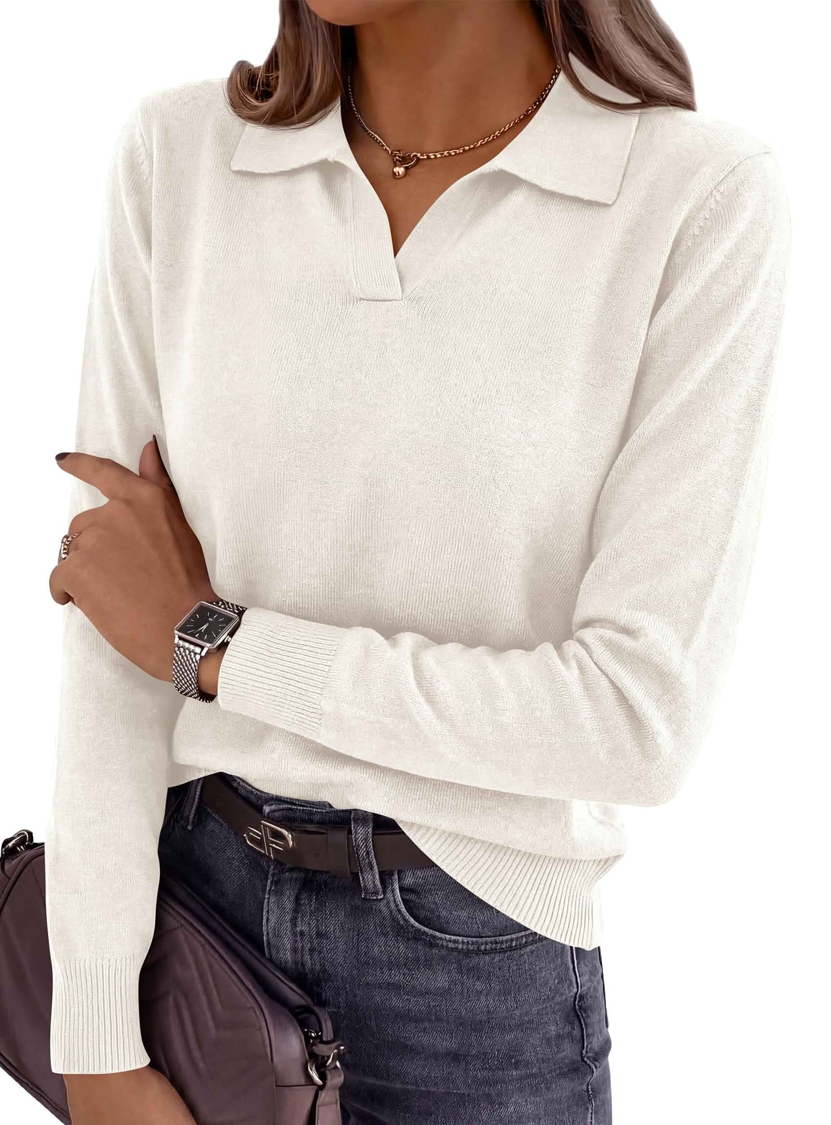 PRETTYGARDEN Womens Long Sleeve Collared Polo Sweater Breathable Soft Ribbed Knit, Lapel V Neck Pullover Sweaters, Business Casual Work Office Tops, 2026 Trendy Fall Outfits