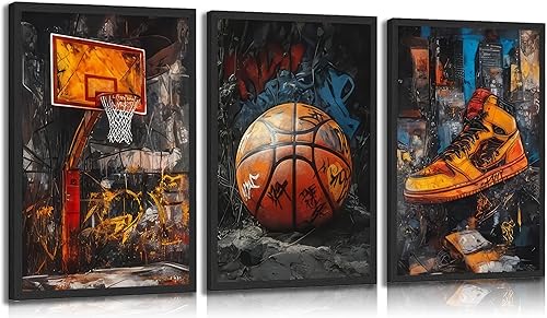 3 piezas de arte de pared de baloncesto con grafiti en lienzo, pósteres de cancha de baloncesto, impresiones, pinturas, grafiti retro abstracto,