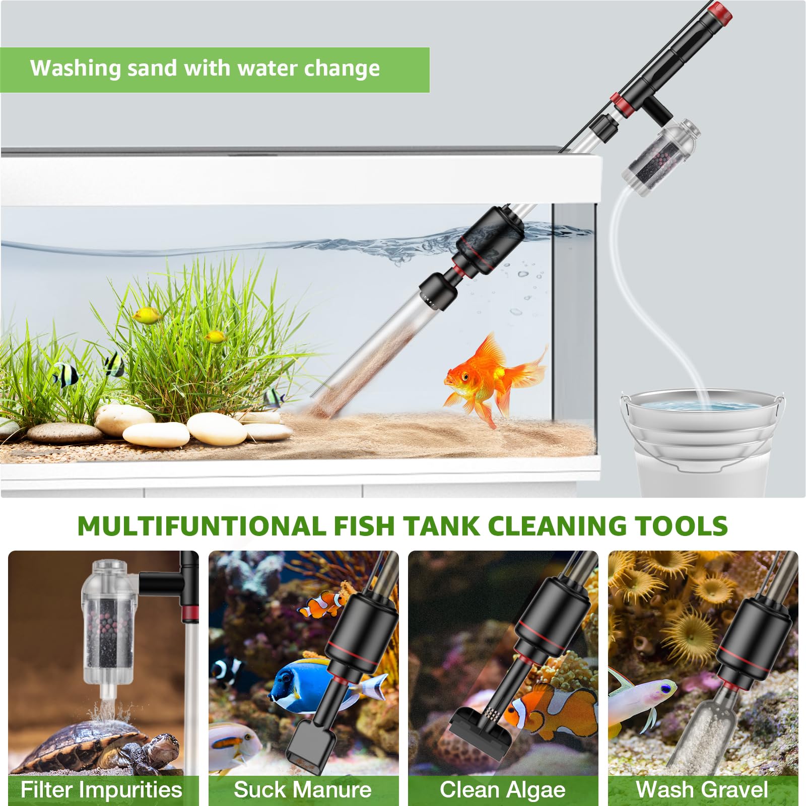 24W Acquario Aspirapolvere Ghiaia Pulitore: 8 in 1 Elettrico Fish Tank