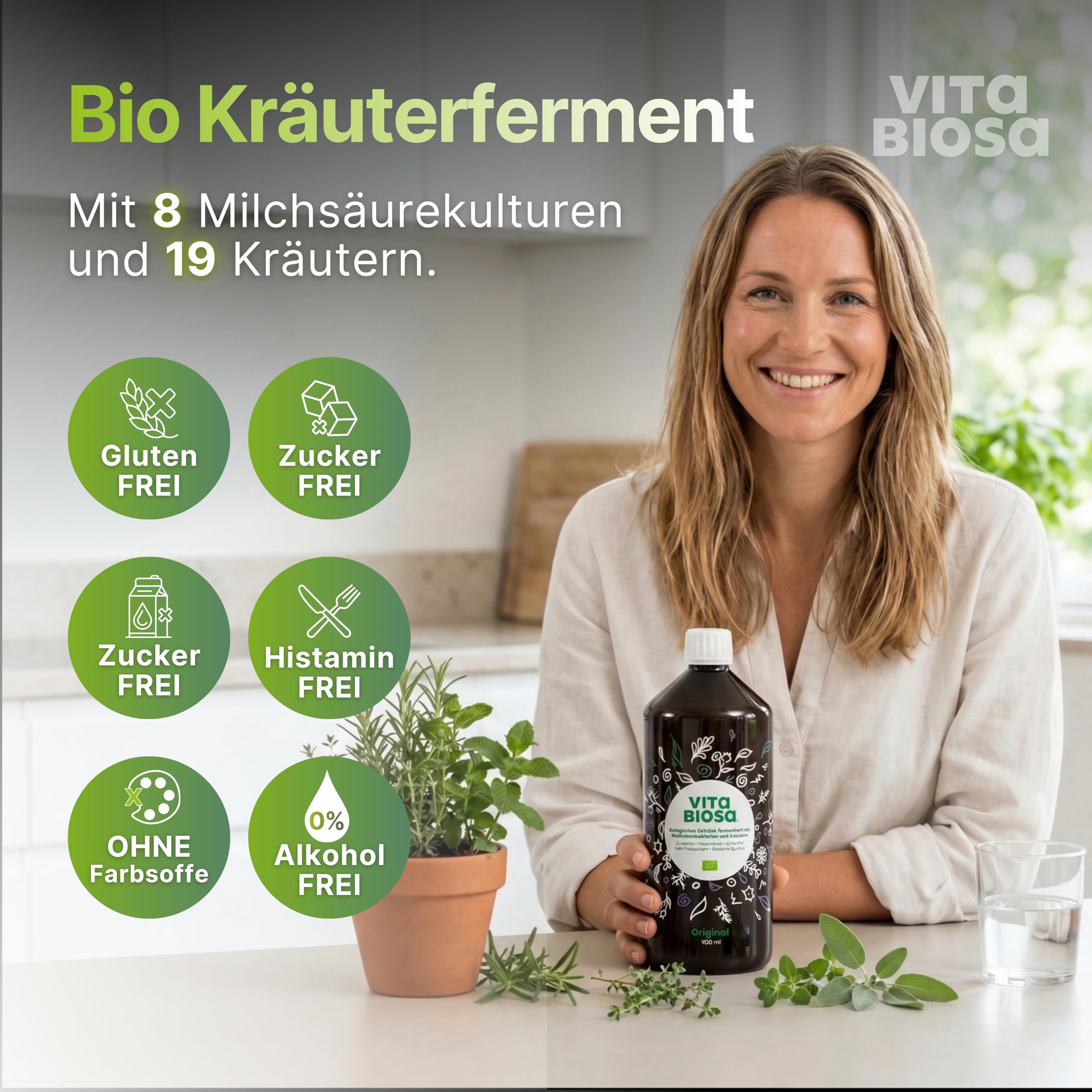 Vita Biosa Kräuter Bio Fermentgetränk 1 L – frisch und sauer – aktiven Milchsäurekulturen und 19 Kräutern aus kontrolliert biologischem Anbau – vegan, zuckerfrei, laktosefrei, Bio-Qualität
