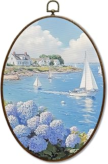 JQF Coastal Beach Blue Hydrangea Floral Oval Wall Decor, Luxury Seaside Sailboat Beachy Oval Canvas Wall Art, Coastal Hydrangea Framed Prints Hanging Decor for Home Bedroom Living Room, 8.5x11.5 Inch