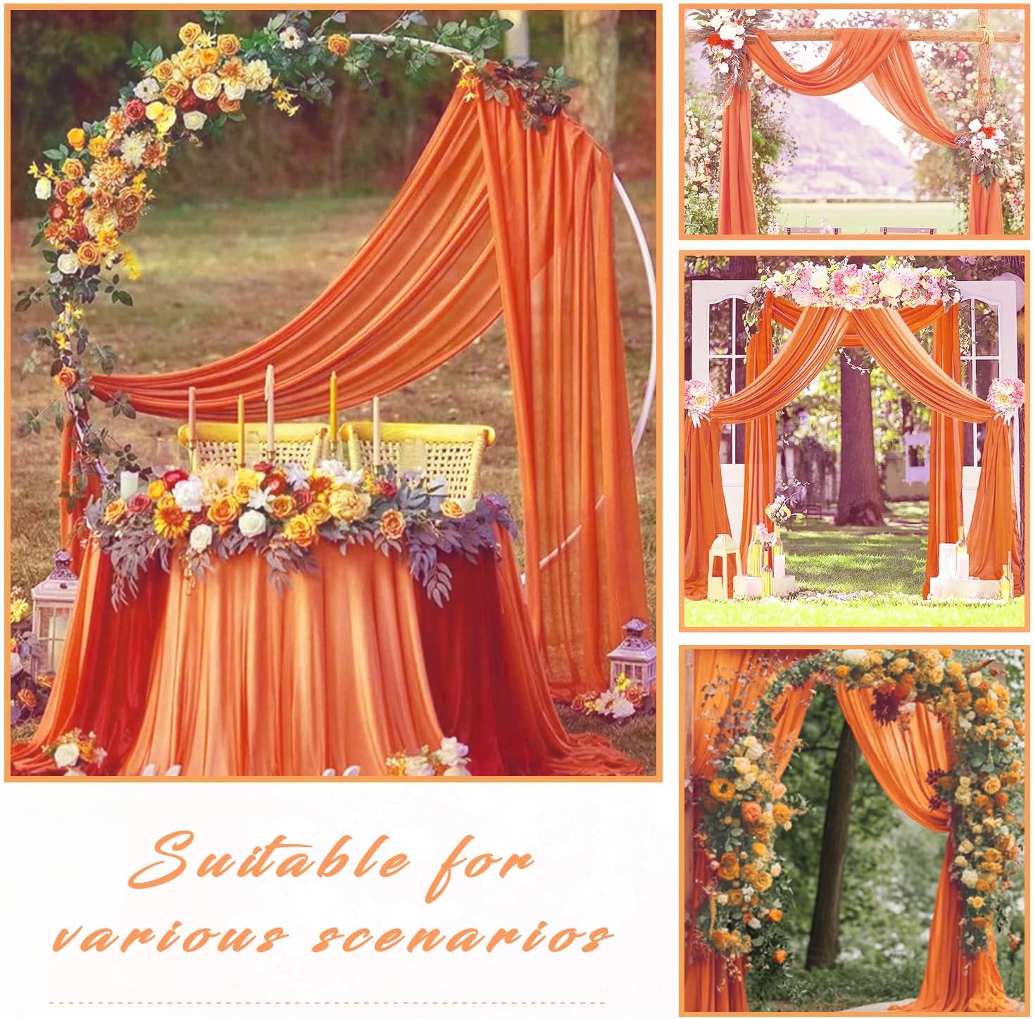 4 Panels Wedding Arch Draping Fabric 20Ft Length x 28" Width Orange Arch Drapes Chiffon Fabric Sheer Curtains Backdrop for Party Bridal Decorations Wedding Ceremony Ceiling Stage Reception Decor