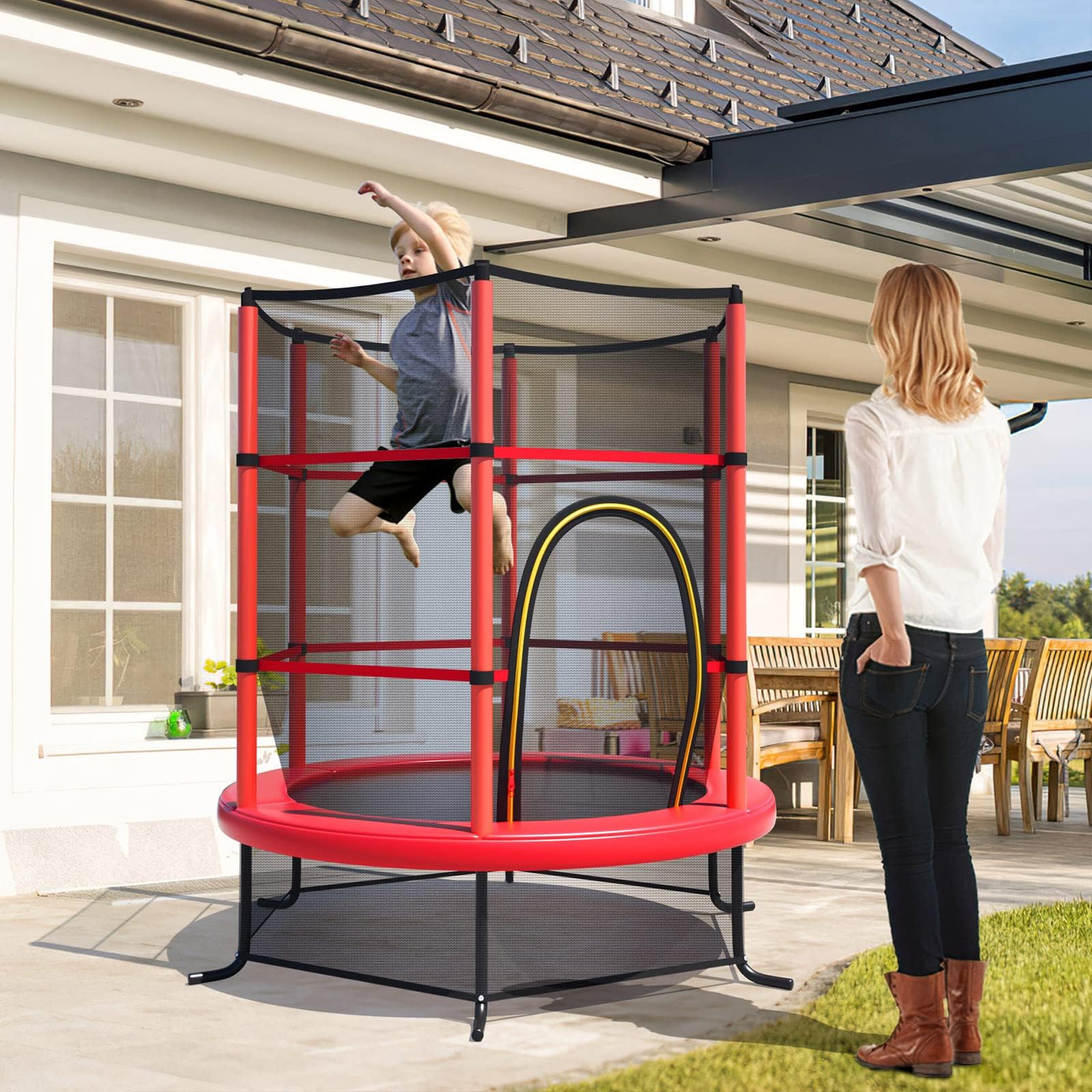 GYMAX Trampolino da Esterno per Bambini, Tappeto Elastico da Giardino, con Rete Protettiva, Telaio in Acciaio, Resistente alle Intemperie, per Interno, Esterno, Portata 135 kg