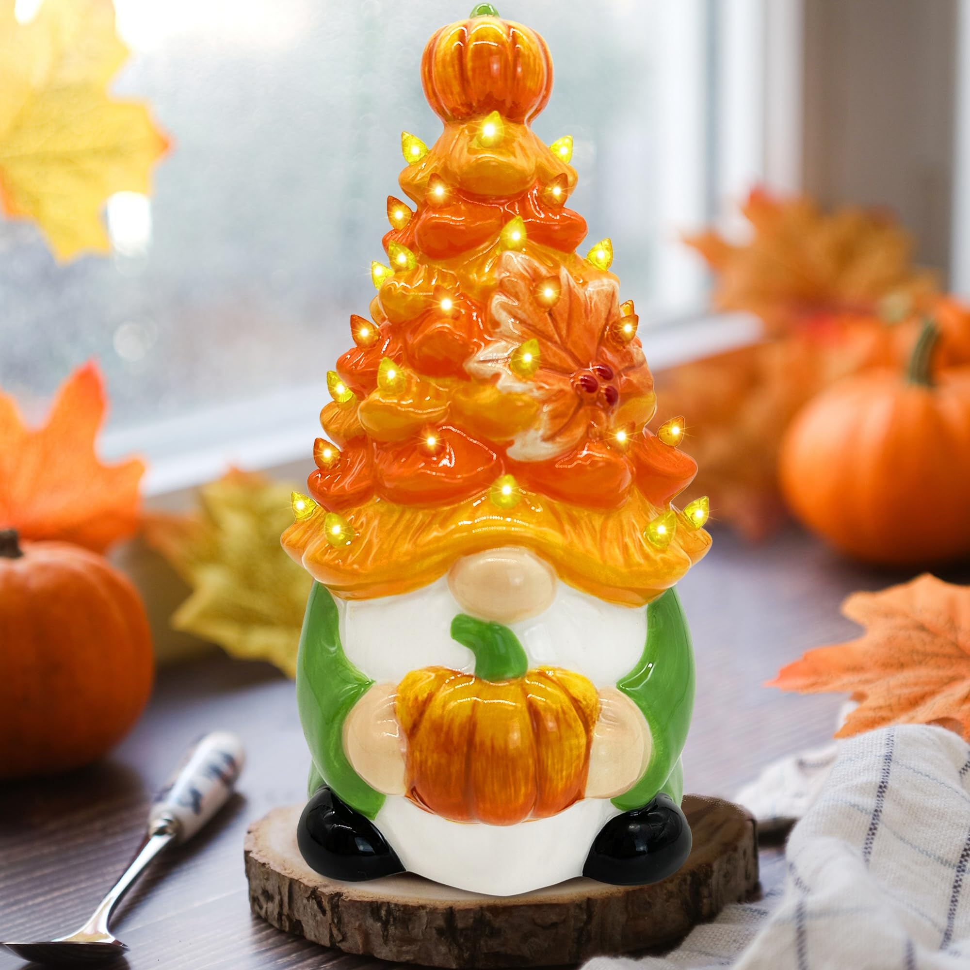 Ceramic Gnome Fall Decorations, Green Gnome Ceramic Tree Lighted, Light up Pumpkin Gnome Fall Table Decor, Orange Fall Decor Bedroom Indoor, Fall Centerpieces for Tables Gnome Fall Thanksgiving Gifts