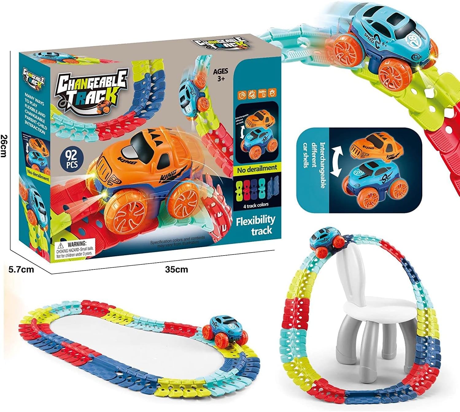 B&K Race Car Tracks and LED Electric Anti-Gravity Race Car Toy- Bendable Rainbow Race Track Set STEM Building Toys for 3 4 5 6 Year Old Boys Girls Best Car Toys (92 PCS)