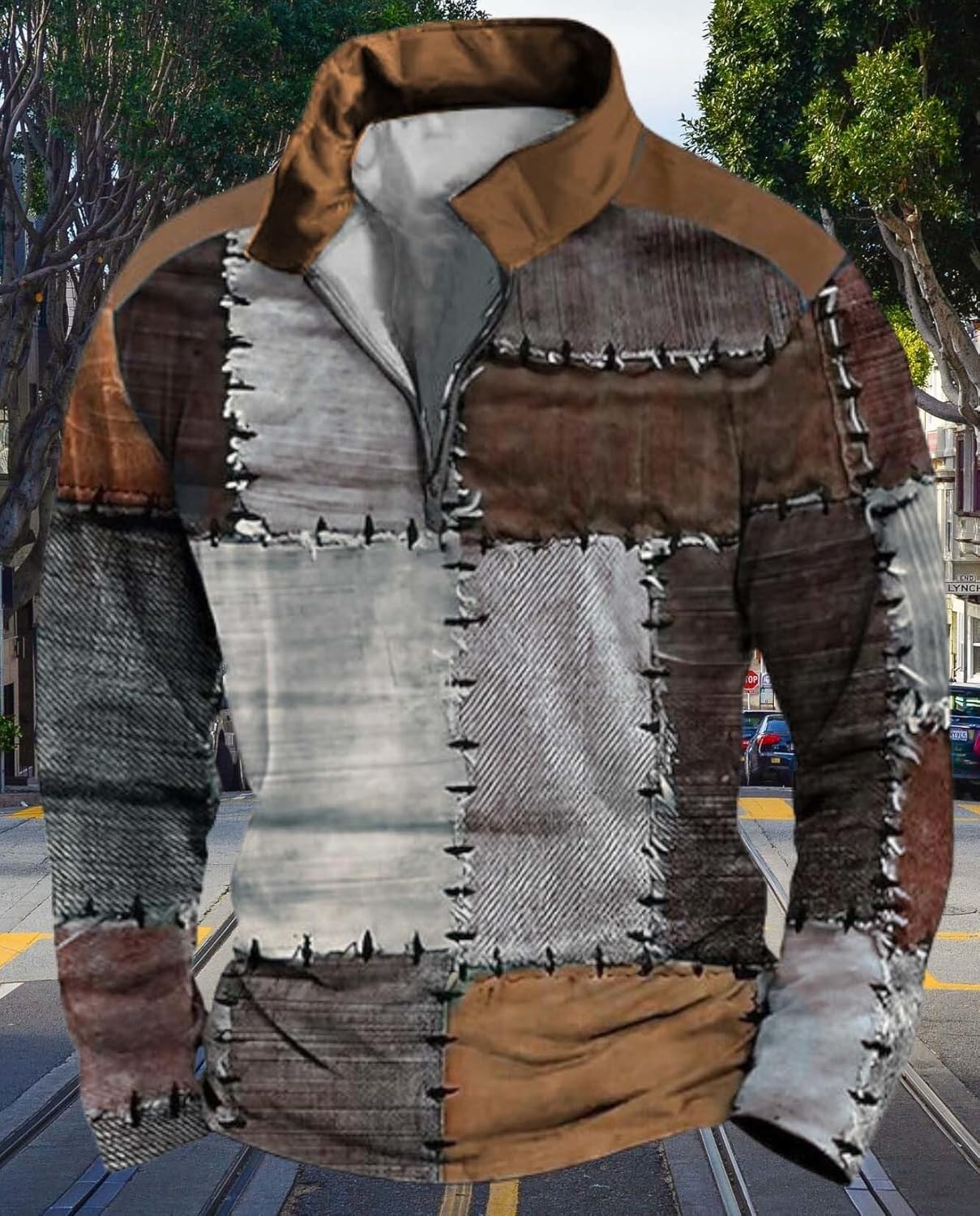 Mens Retro Large Size Long Sleeve Shirt Fashion Zipper Pullover Plaid Patchwork Street Top Create Trendy Street Style - Image 6