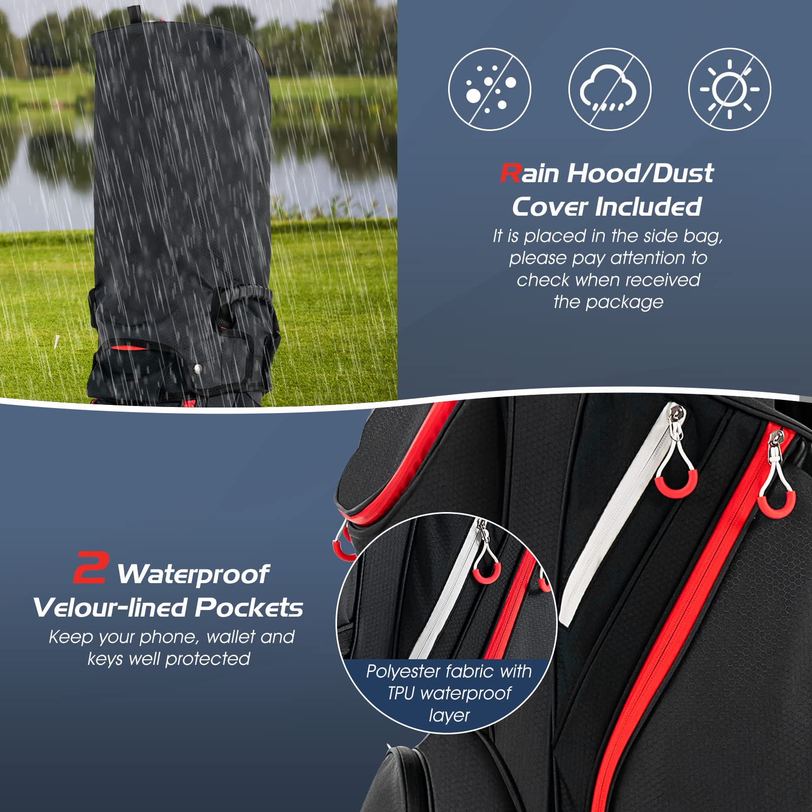 COSTWAY Sac de Golf avec Support 14 Compartiments Séparés 8 Poches Capuche Anti-Pluie Bandoulière Sac Isotherme Léger pour Transporter Grande Capacité