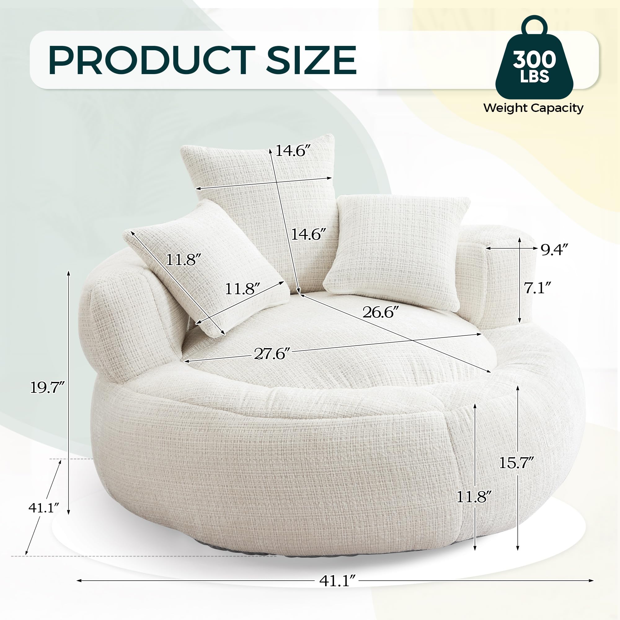 SLEERWAY Bean Bag Chairs for Adults, Large Oversized Bean Bag Sofa Chairs Couch with Pillows, Stuffed Round Sofa Chair with Foam Filled, Comfort Soft Chenille Lazy Sofa Chair for Living Room, White