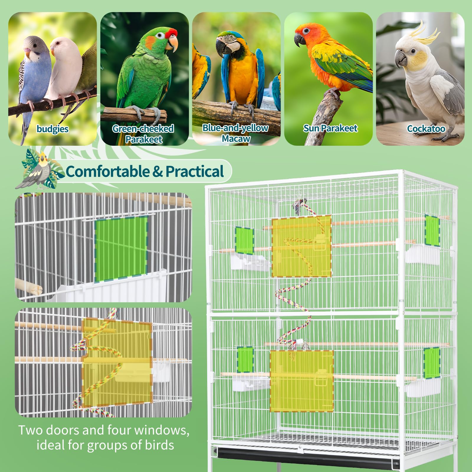 LIFERUN Vogelkäfig groß, Vogelkäfig aus Metall, Vogelbauer mit 4PCS Rollen, Wellensittich käfig mit Futternapf, Käfigspielzeug, Spring-Schaukel für Vogel mit 2 Türen 4 Holzstangen, 132 x 78 x 52 cm