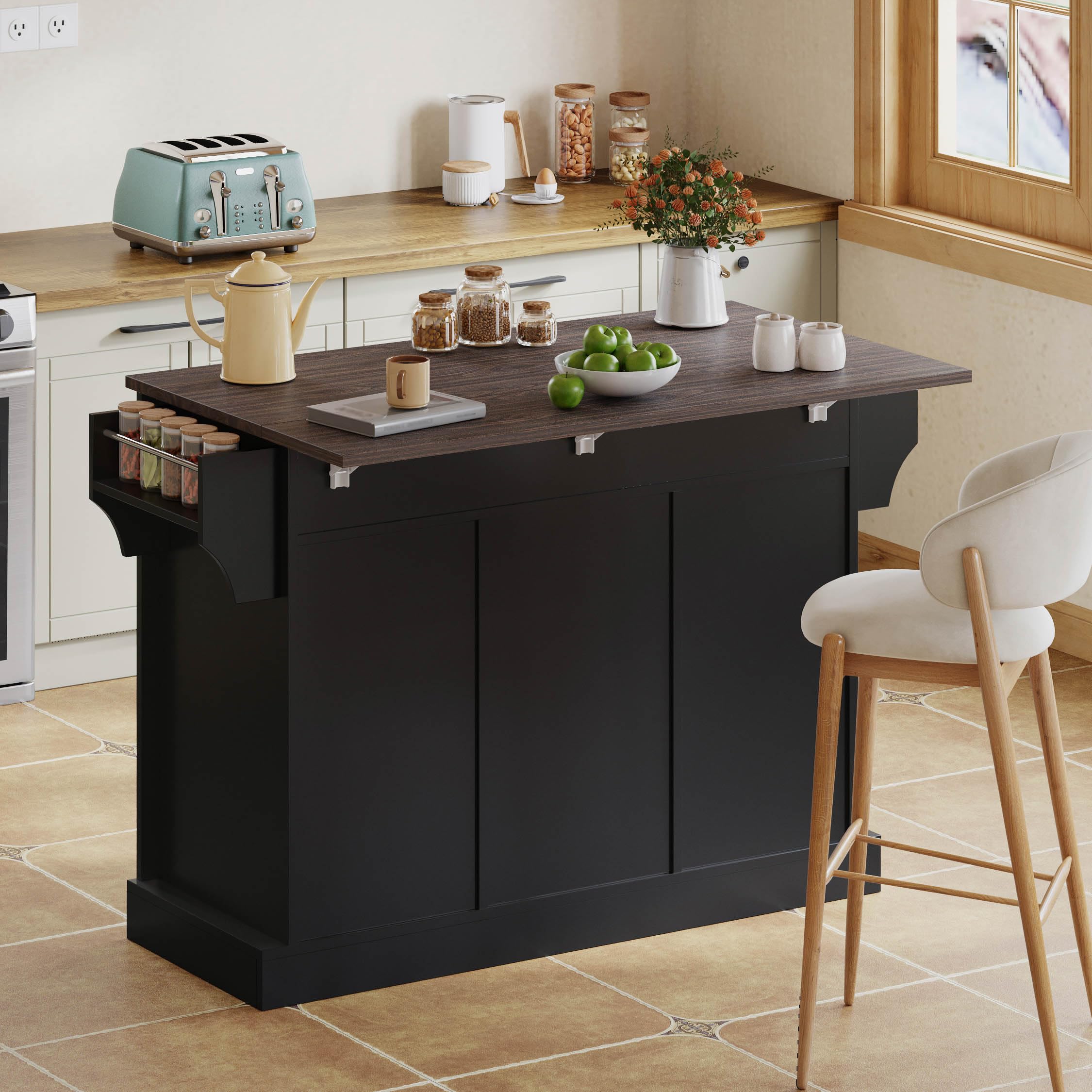 Merax Kücheninsel Freistehend mit Klappbarer Arbeitsplatte, Bewegliche Küchenwagenl mit Schiebetüren, 5 Rollen, Schrank, 2 Schubladen, Gewürzregal und Handtuchhalter, 120x70x91cm (Schwarz)