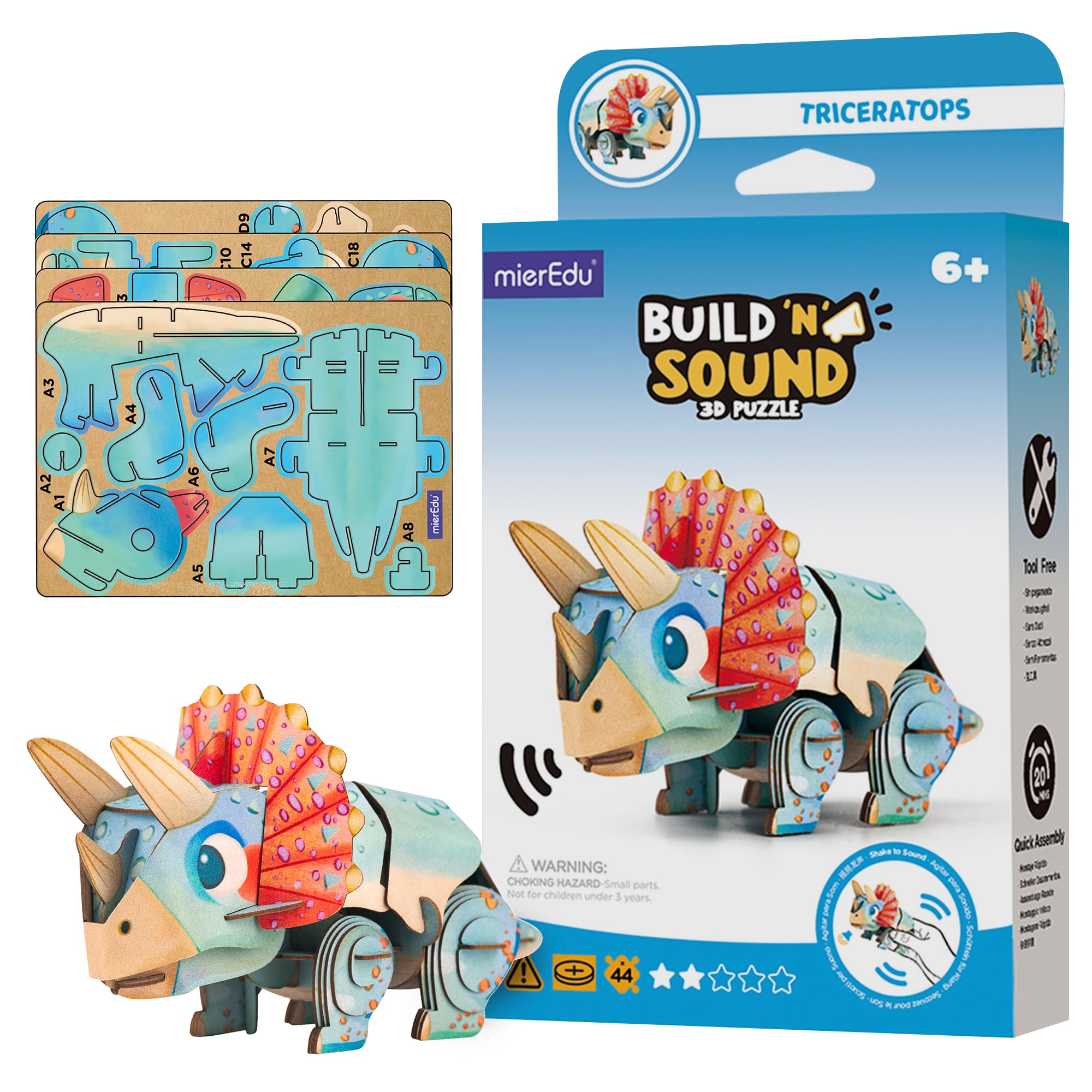 MierEdu Build and Sound 3D Puzzle Triceratops Toy- Interactive 3D Animal Puzzle for Kids from 6 Plus