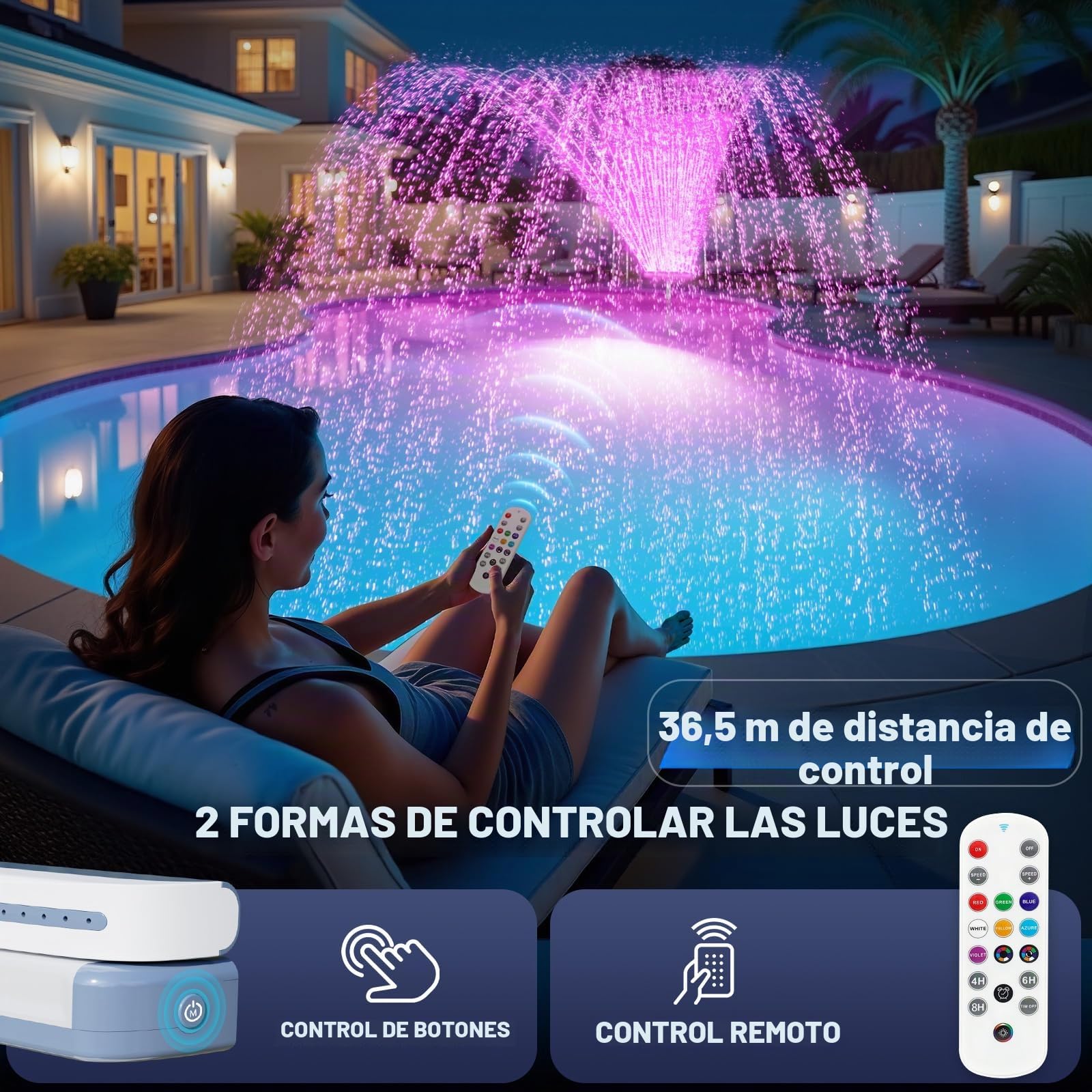 KingSom Fuente de Piscina con Luces de Colores, Fuente Piscina Cascada Recargable con Botones y Control Remoto, 10000 mAh Fuente de Luces para Piscina Elevadas y Enterradas, Fuente de Agua-Violeta