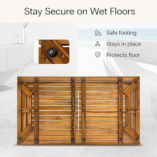 Miniatura 5 de StrongTek Tapete de baño grande de teca, 35.4 x 20 pulgadas, tapete de ducha de madera maciza con diseño de listones, previamente aceitado y