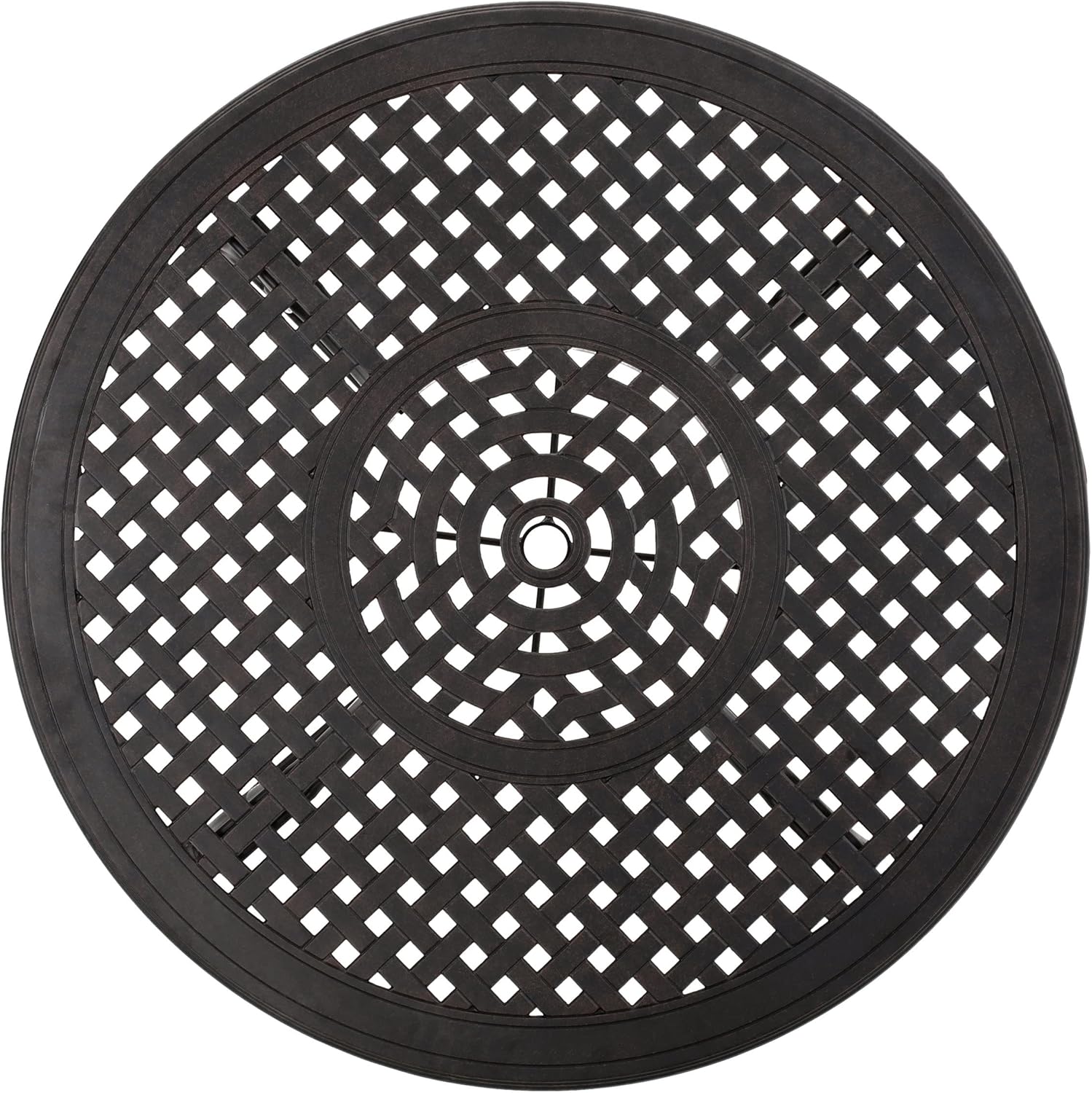 Outdoor Cast Aluminum Circular Dining Table with Umbrella Hole, Lattice Design, Rust-Resistant Bronze Finish, Ideal for Patio, Garden, Backyard, 46.8 x 46.8 x 29.0 in