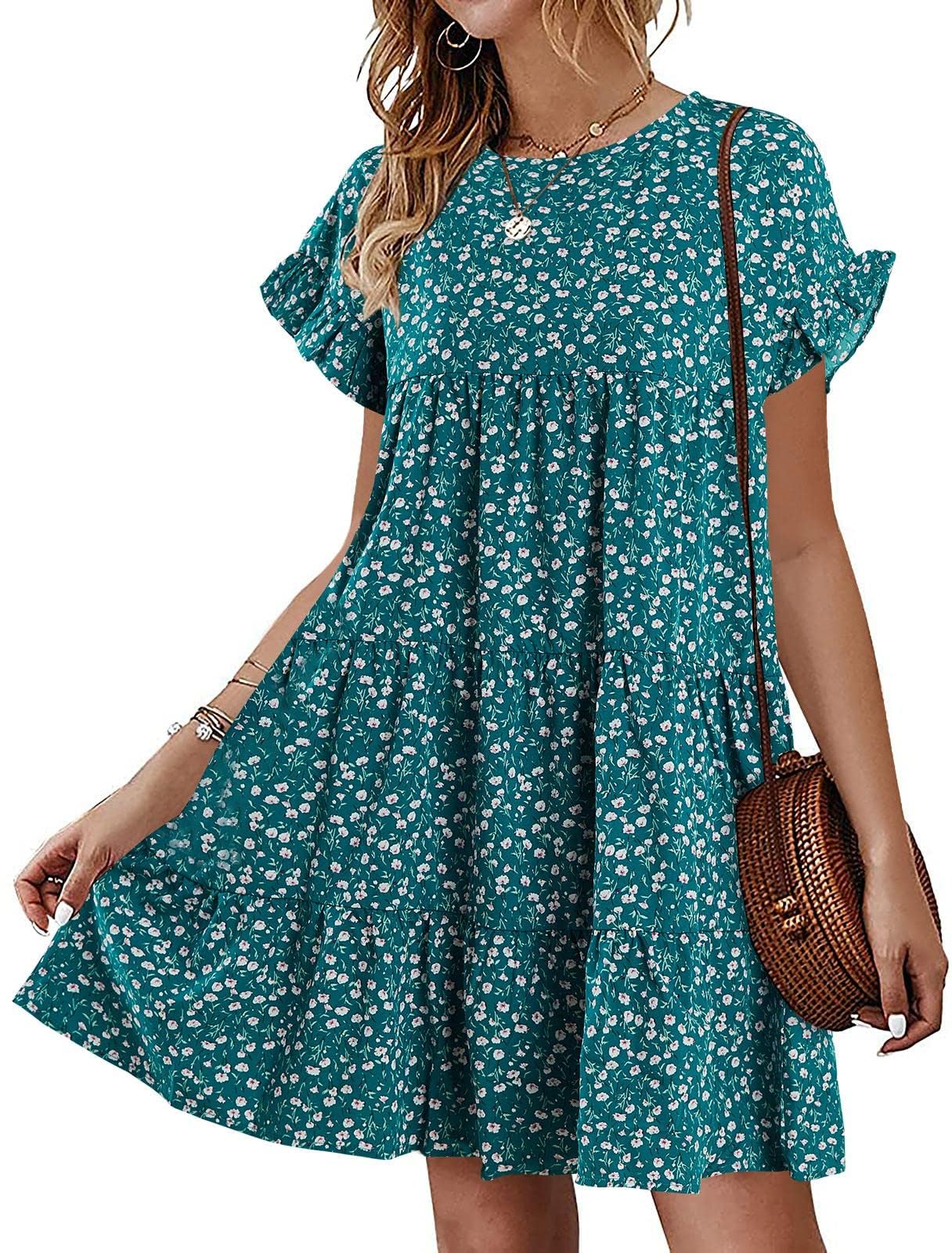 Imily Bela Summer Dress Women's Knee-Length Short Sleeve Floral Dress Round Neck Ruffle Boho Dress Elegant