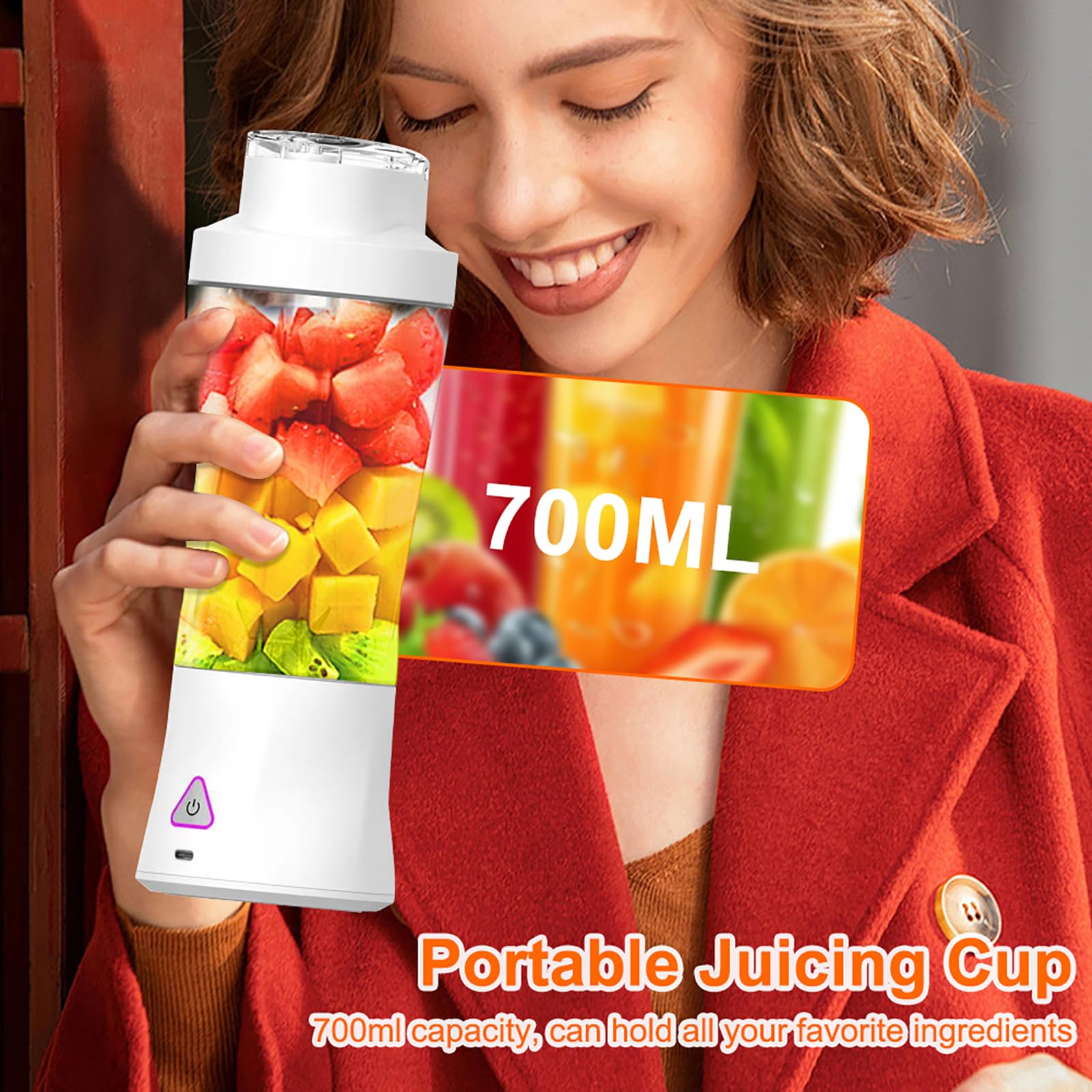 Mixeur portable 700 ml, mini mixeur à emporter, batterie de 6000 mAh, mixeur portable pour piler la glace et les fruits, couvercle anti-fuite, extracteur de jus sans BPA, blanc