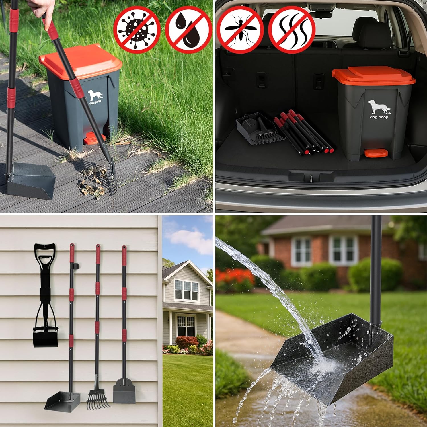 Dog Pooper Scooper, 7Pcs Set Poop Trash Can with Removable Inner Bucket, Long Handle Tray & Rake, 60 Waste Bags, Dog Waste Large Bin Waterproof for Outdoor, Backyard, Garden