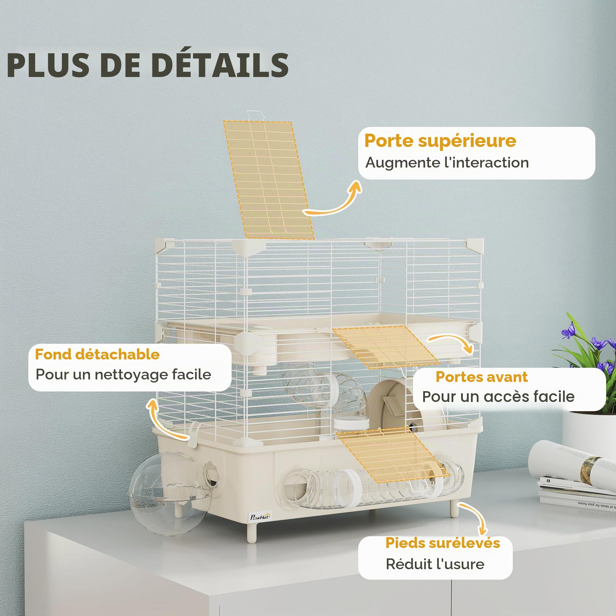 PawHut Cage à Hamster 2 étages, 3 Portes, Roue silencieuse, Crème | Litière, tubes de jeu, cage à hamster, acier, PS & PP, 44,5x28x44 cm.
