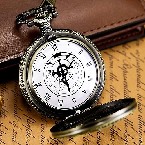 Miniatura 6 de Reloj de bolsillo Fullmetal Alchemist Edward Elric Anime con cadena de llavero y caja de collar, bronce, 1. Bronce, Retro