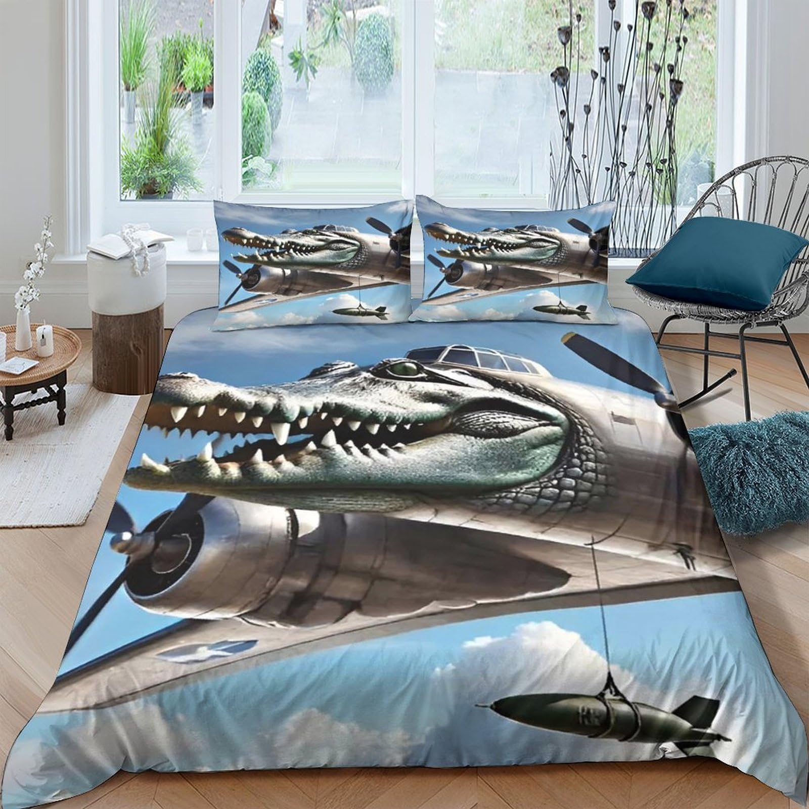 Ctjqhvkz Style-2 3D Printed Shark Fighter Aircraft Fitted Sheet Microfiber Anti-Slip Bed Cover For Bedroom Dorm Mattress Protection Decor Single（135X200cm）