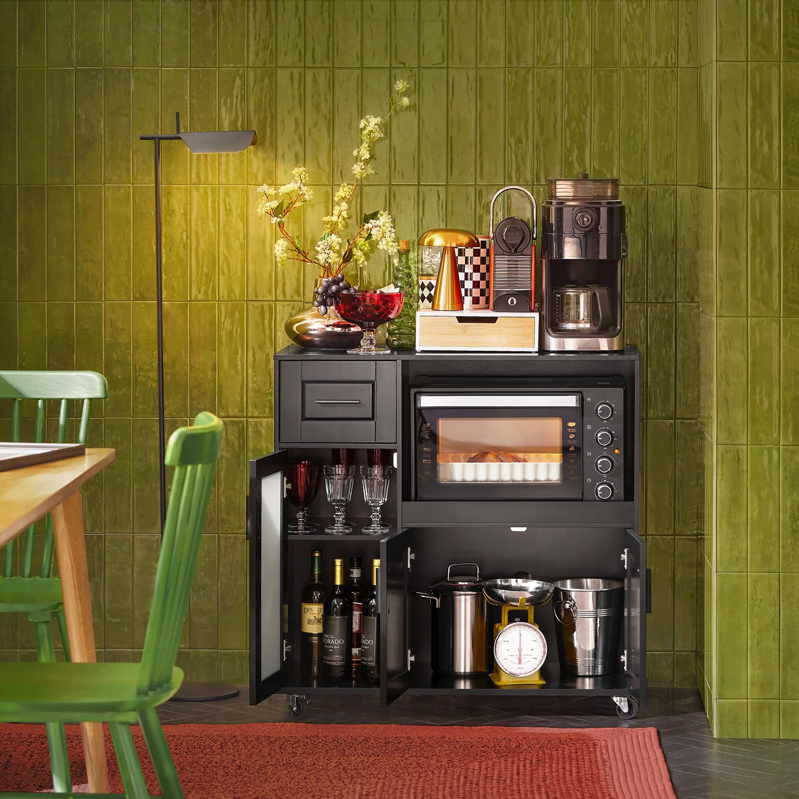 SoBuy Isla de Cocina con Ruedas, Mueble Auxiliar de Cocina, Desserte con Ruedas, Soporte para Microondas, Carrito Móvil para Sala de Comedor y Oficina en Casa 88,5 x 40 x 89 cm Negro FSB78-SCH