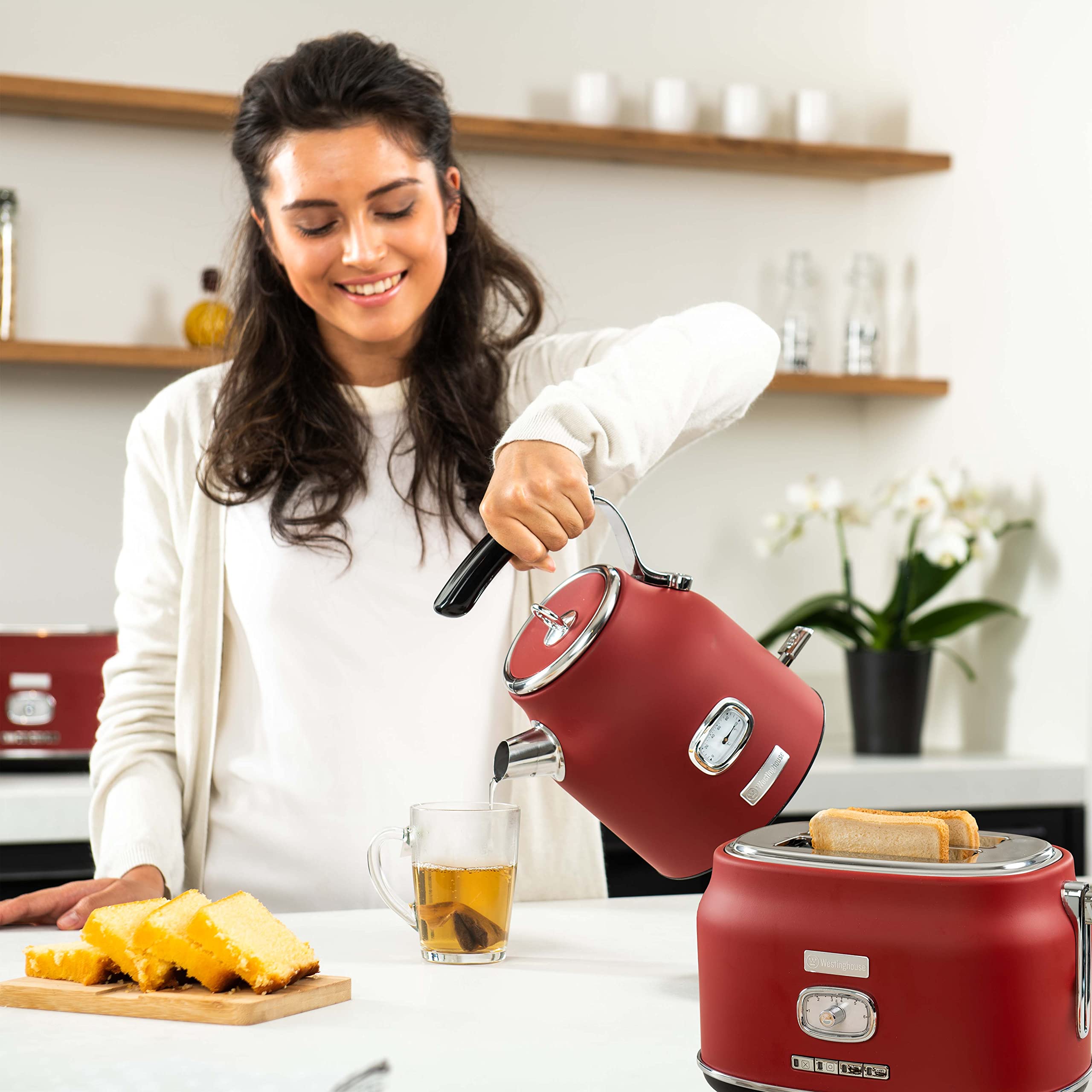 Westinghouse Retroline Set petit-déjeuner rouge grille-pain bouilloire 1,7 l filtre anti-calcaire protection surchauffe