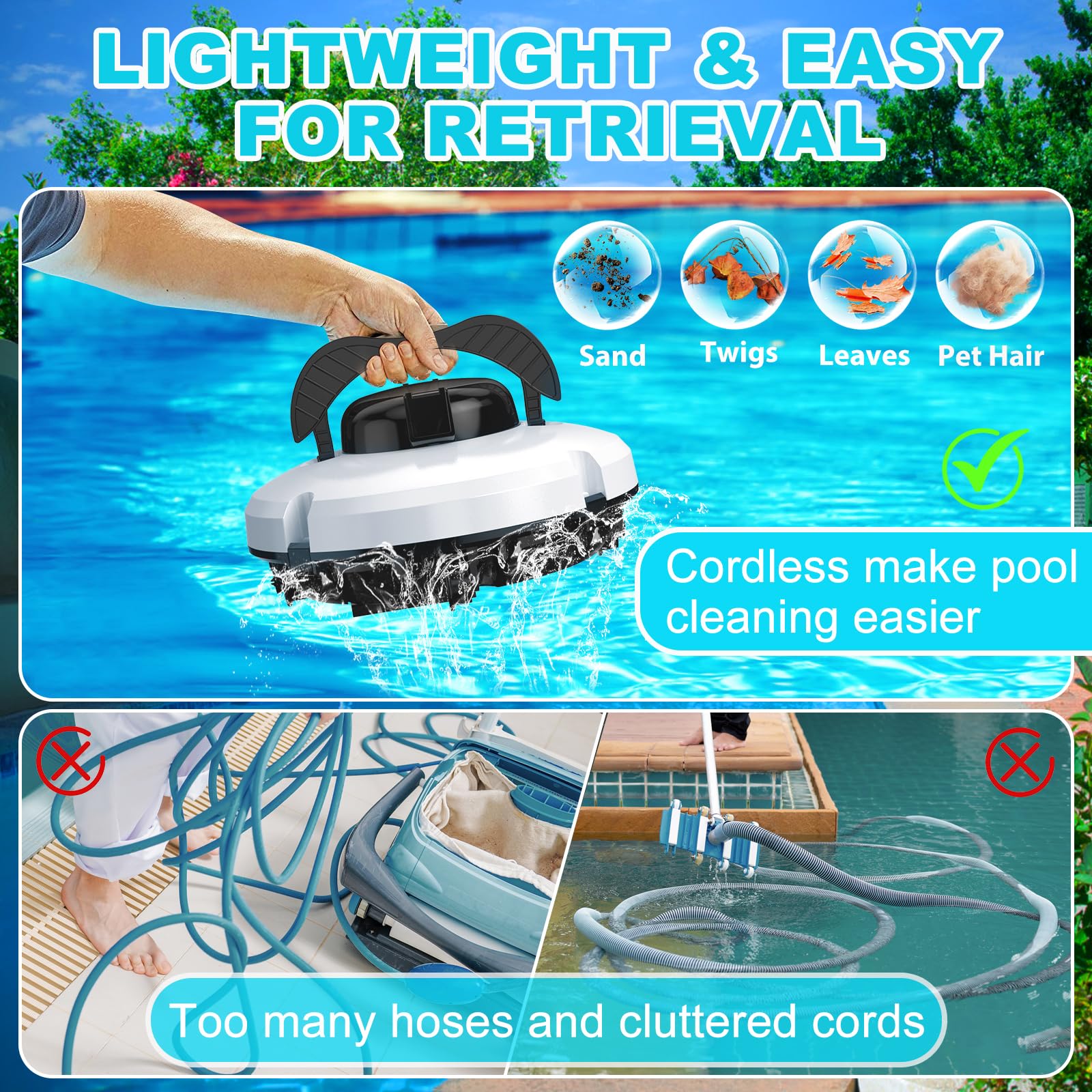 Aufrüstung Kabelloser Roboterpoolsauger für obenliegende Pools, 120 - Minuten Laufzeit, Automatischer Poolreiniger für Einbettungspools bis zu 1.000 Quadratfuß, Selbstparkender Poolroboter