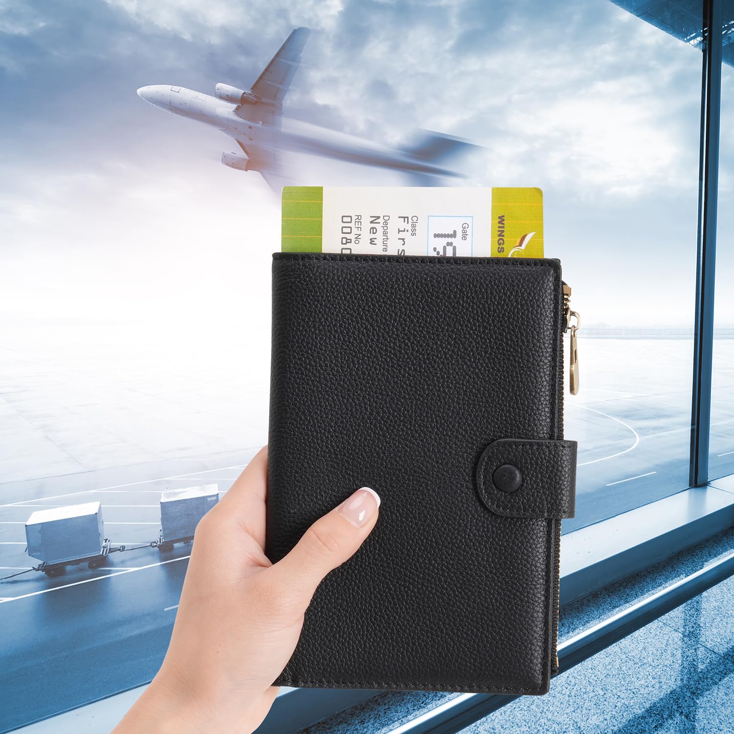 WASON Copertura del passaporto blocco RFID in pelle, Portafoglio da viaggio, passaporto tasca con cerniera per carta d'identità carta d'imbarco biglietto contanti scheda SD (Nero)