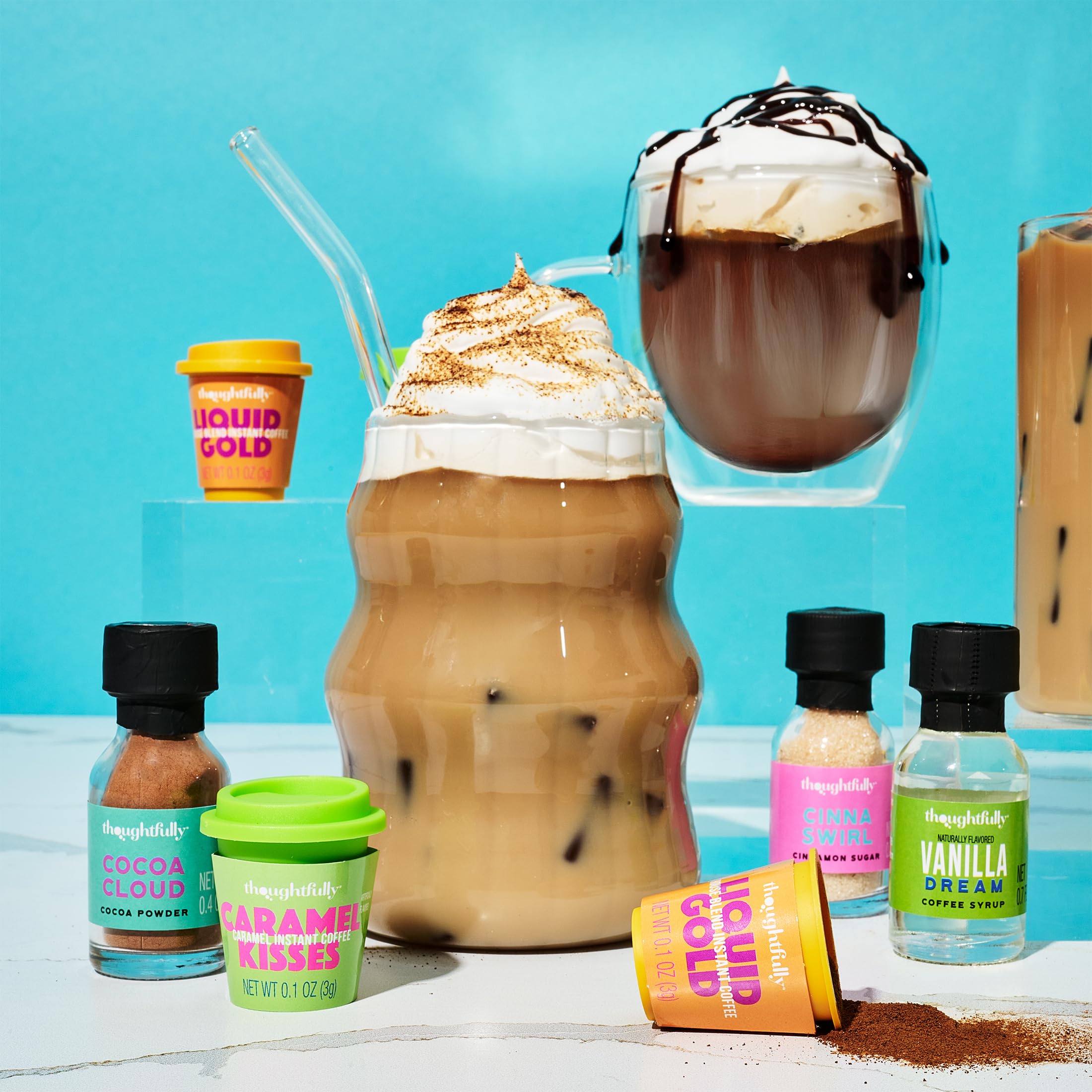 Thoughtfully, Iced Coffee Barista Bar Gift Set, Includes Instant Coffee, Flavored Syrups, Cocoa Powder & Cinnamon Sugar, DIY Coffee Station Sampler Gift for Coffee Lovers