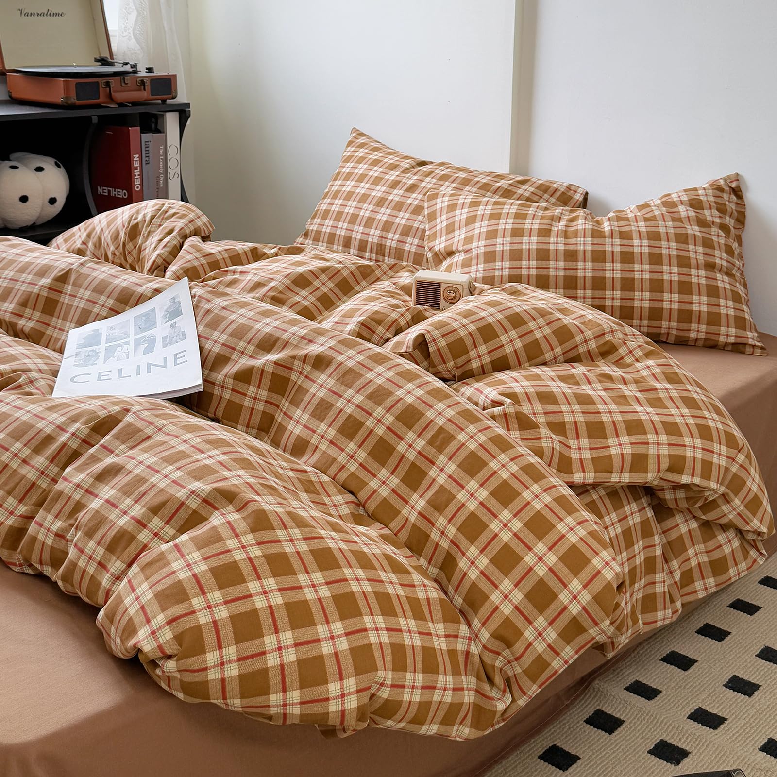 Twin XL Duvet Cover Caramel Vintage Plaid Bedding Set 3-Piece, No Comforter — image 1