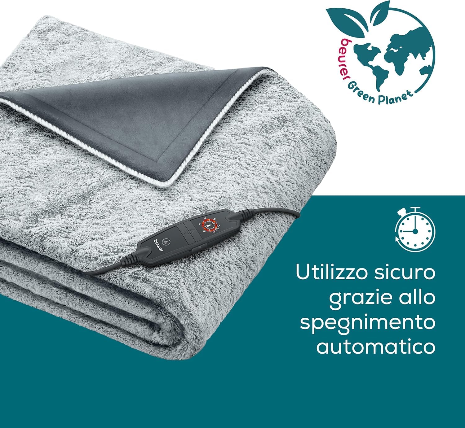 Beurer Termocoperta Beurer HD 75 Nordic Grey Green Planet coperta termica traspirante in grigio di tendenza in materiale riciclato, 6 livelli di temperatura di cui 2 ECO e spegnimento automatico