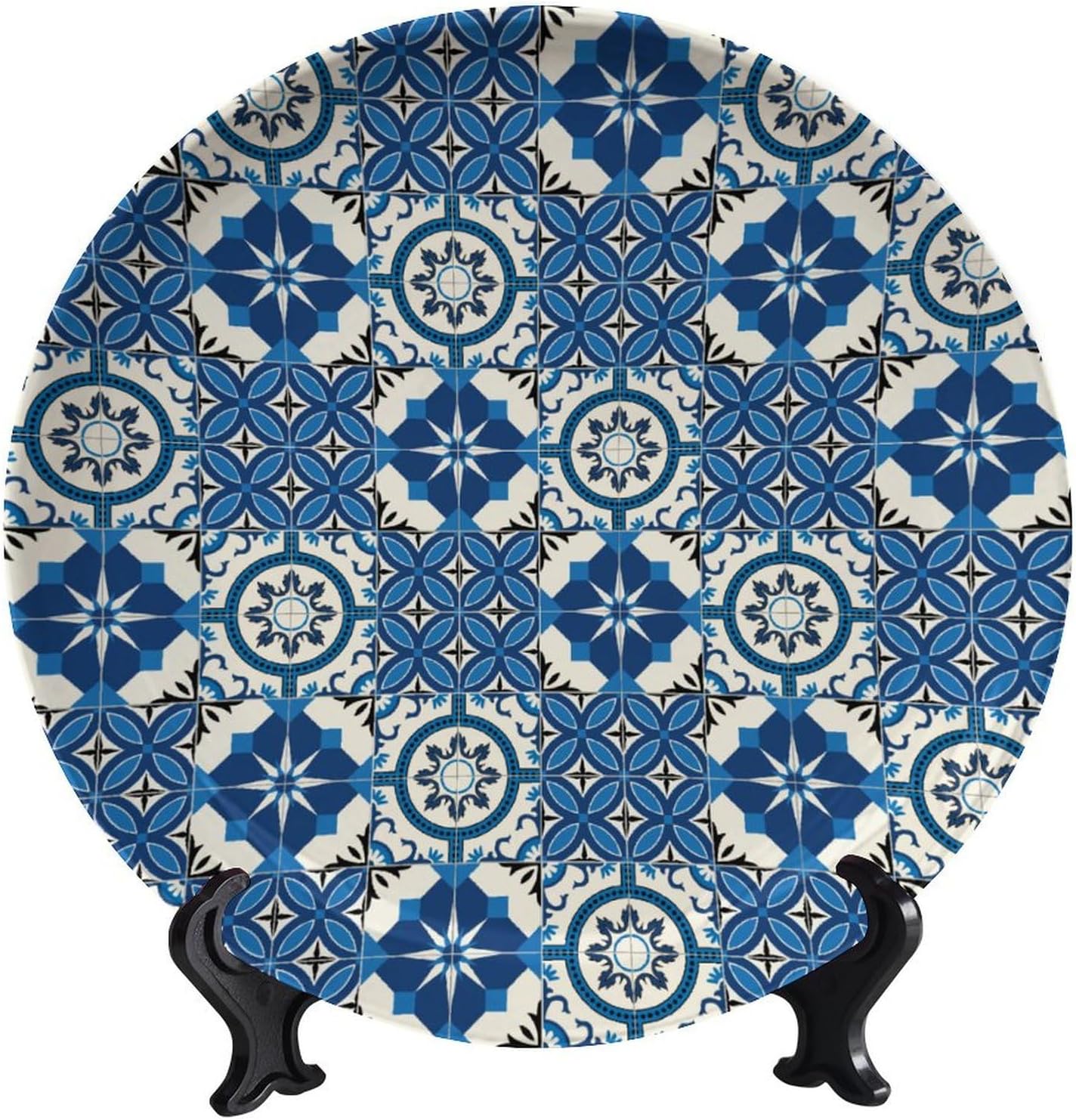 Turkish Decorative Plate Holder, 8 Inch, Blue Round Display Plate, Handmade Ceramic Ornament, for Wall Hanging Living Room Bathroom Decor Gift