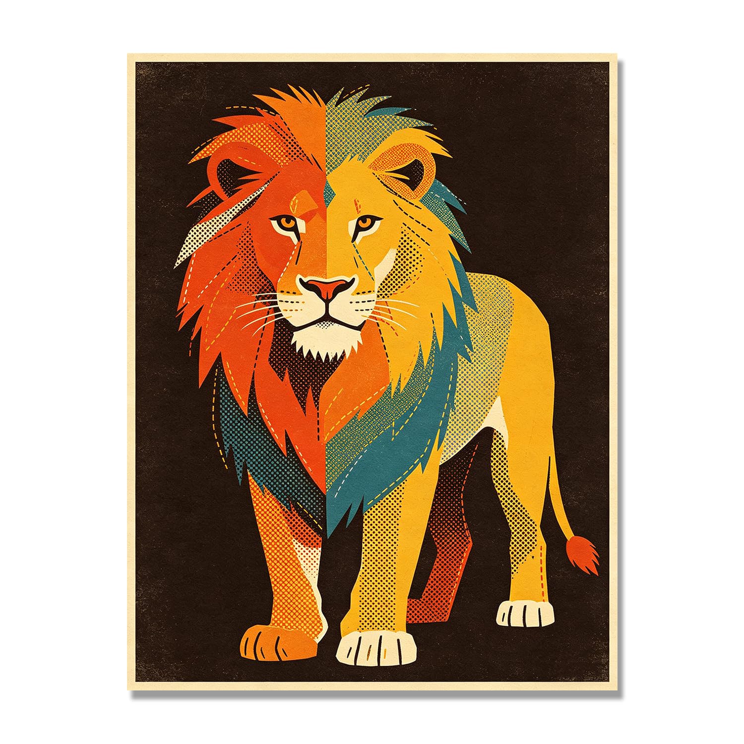 GYSDKUS Pop Art Lion Wall Art, Vibrant Red, Yellow and Blue Halftone Print, Bold Animal Portrait Poster. M19. 30x40cm-12x16in. Frameless