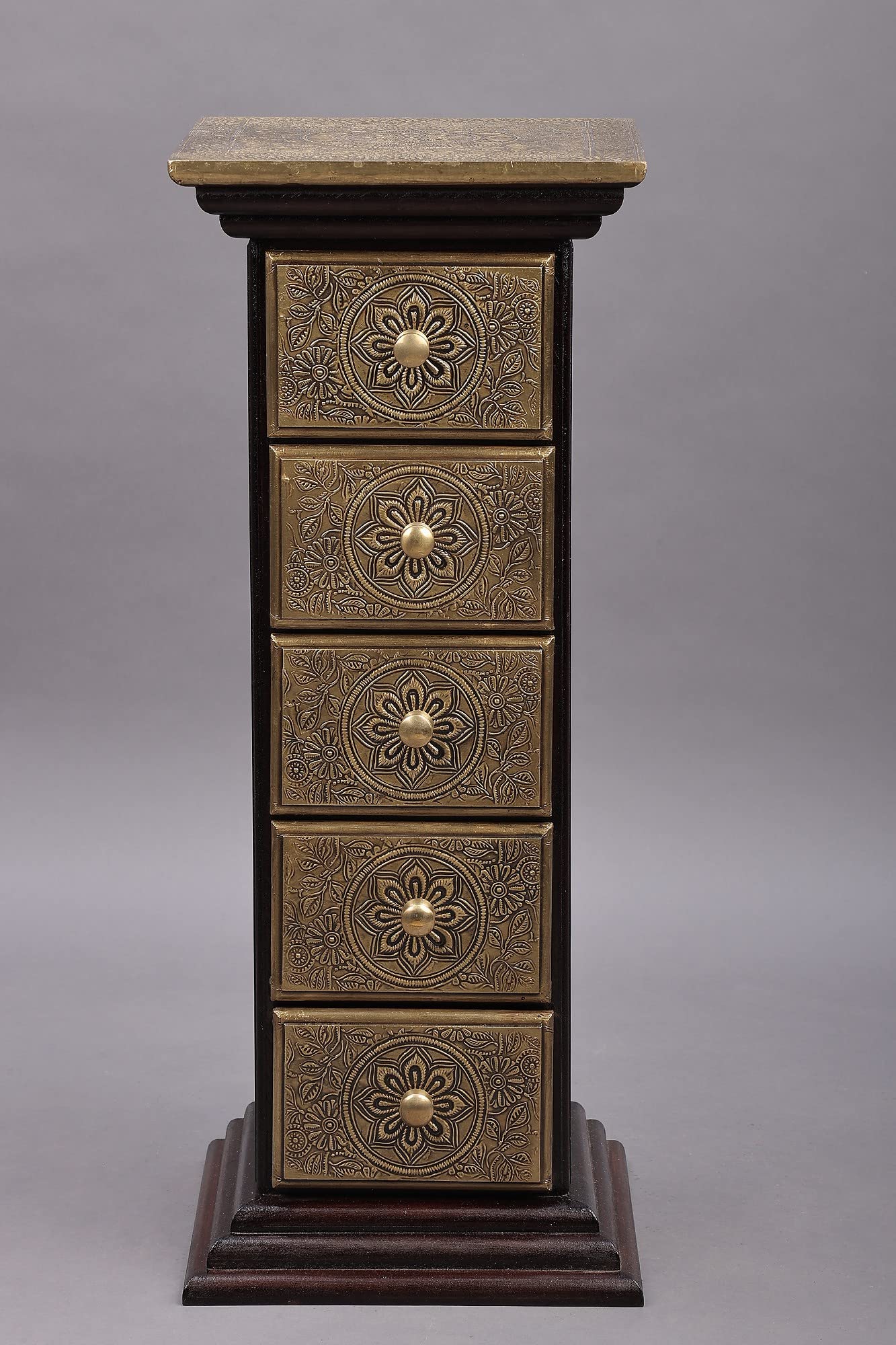 27" Wooden Five Drawer Chest | Wooden Chest | Handmade | Made in India - Mango Wood with Brass