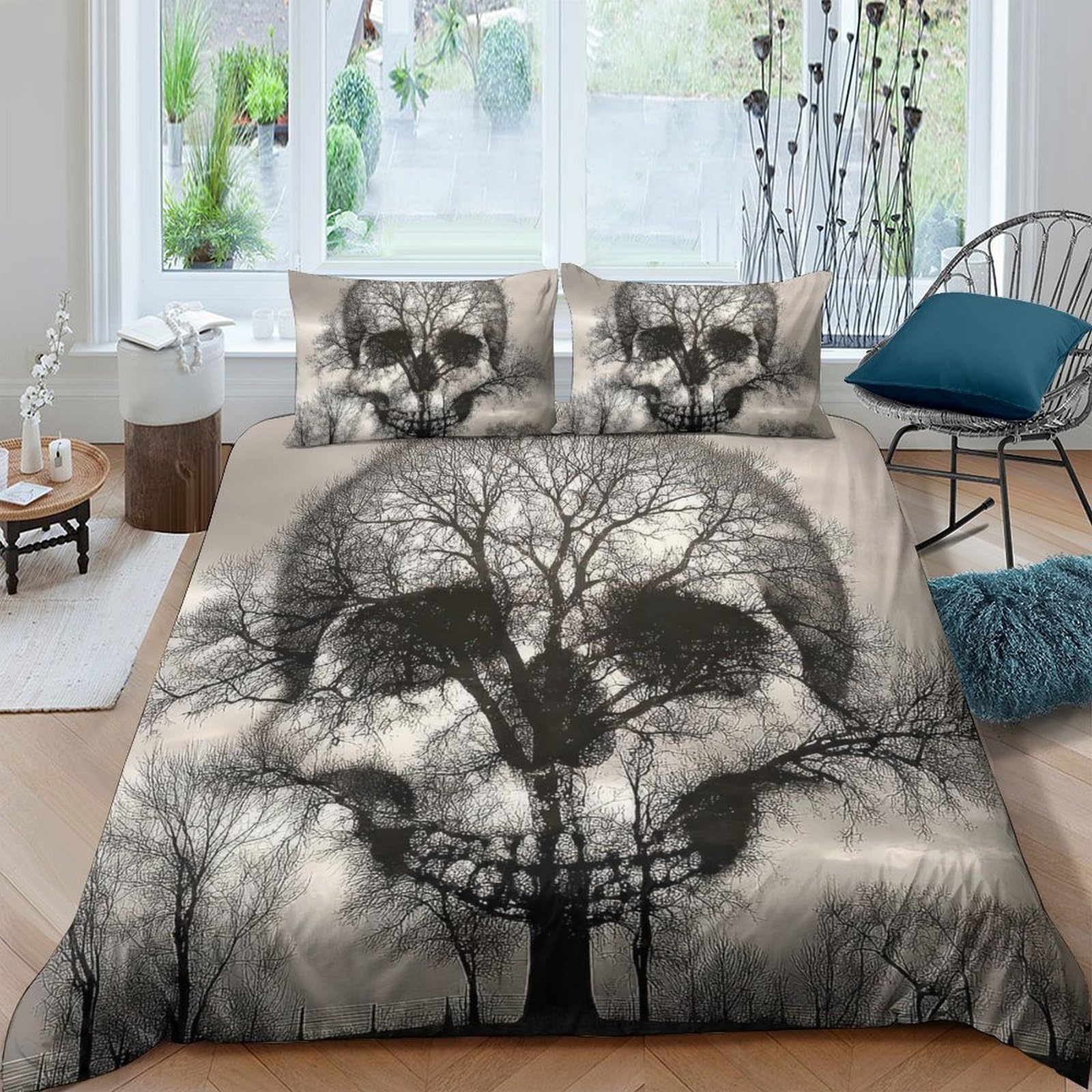 Ctjqhvkz Style-6 3D Printed Skull Forest Fitted Sheet Microfiber Soft Decorative Gothic Tree Bed Cover For Bedroom Guest Room Single（135X200cm）
