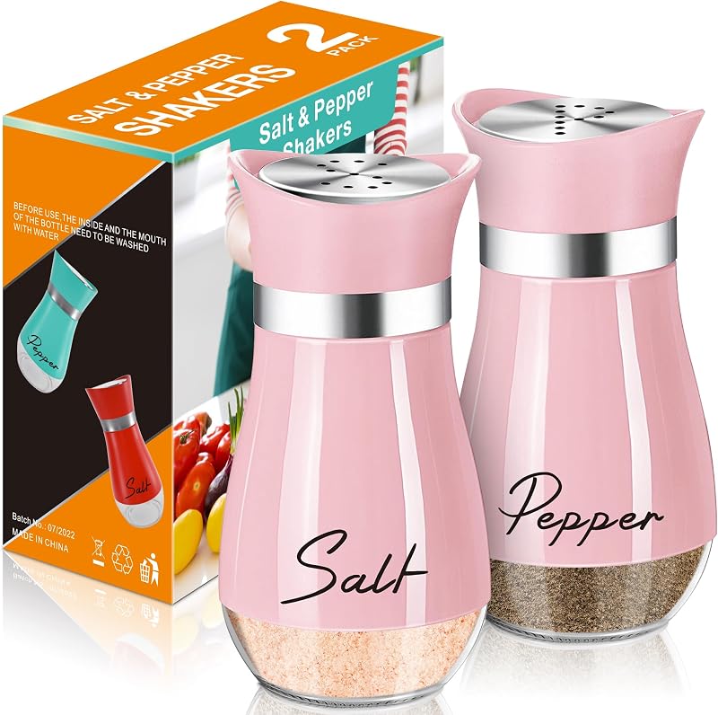 Salt and Pepper Shakers - 4 oz Pink Glass Set with Stainless Steel Lids | Refillable Glass Shakers with Stainless Steel Lids for Cooking, Dining, RV Trips, Camping and BBQs; 4 oz Capacity Each.