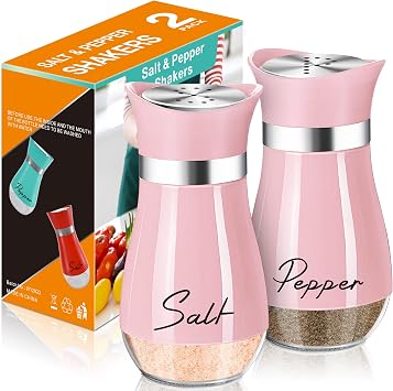 Salt and Pepper Shakers - 4 oz Pink Glass Set with Stainless Steel Lids
