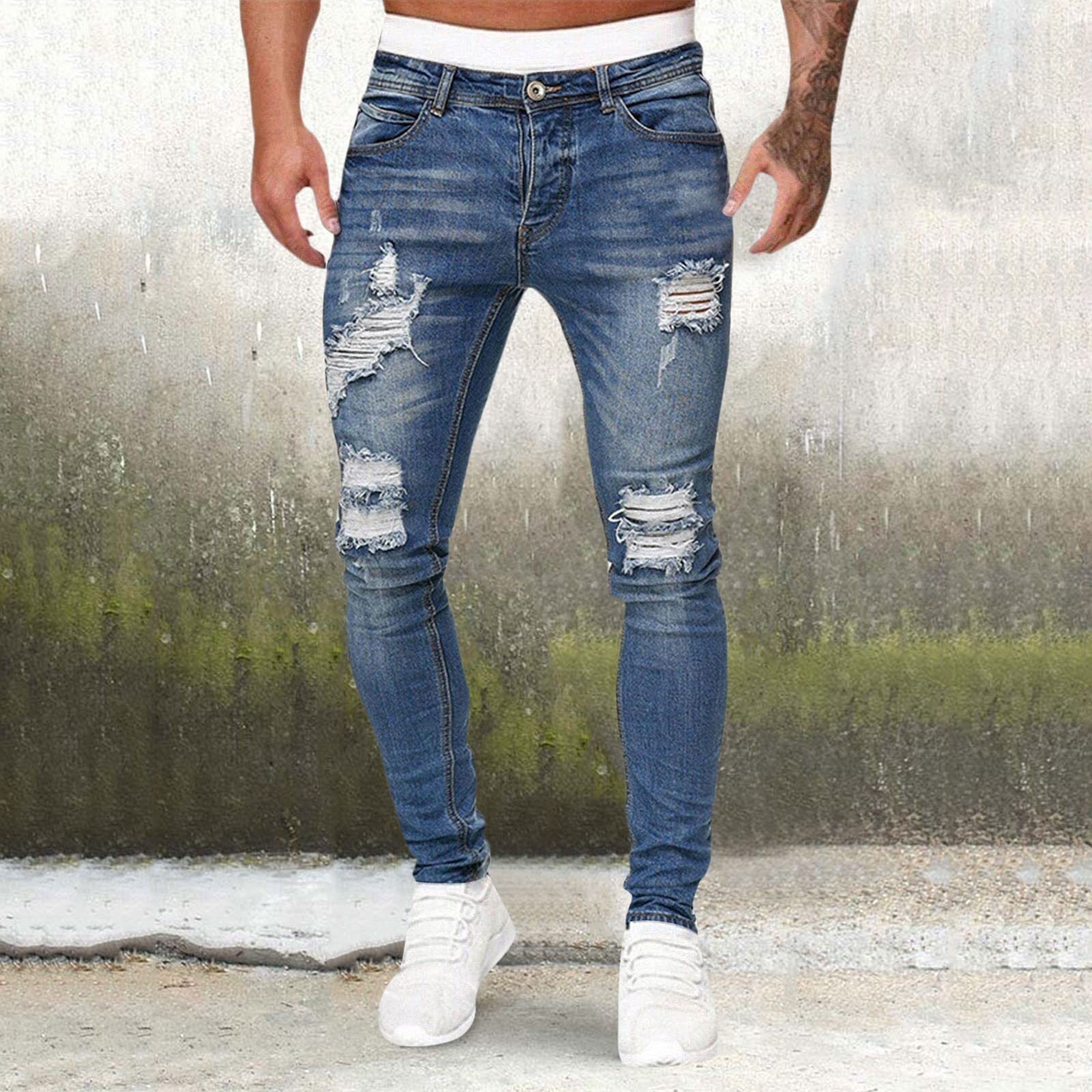 Jeans Strappati da Uomo, Pantaloni Uomo Jeans Pantaloni da Allenamento Pantaloni Piegare Lavoro Denim Sfilacciato Vintage Hole Wash Men's Jeans Pantalone Jeans Estivi Jeans Moto Stile Streetwear Y2k