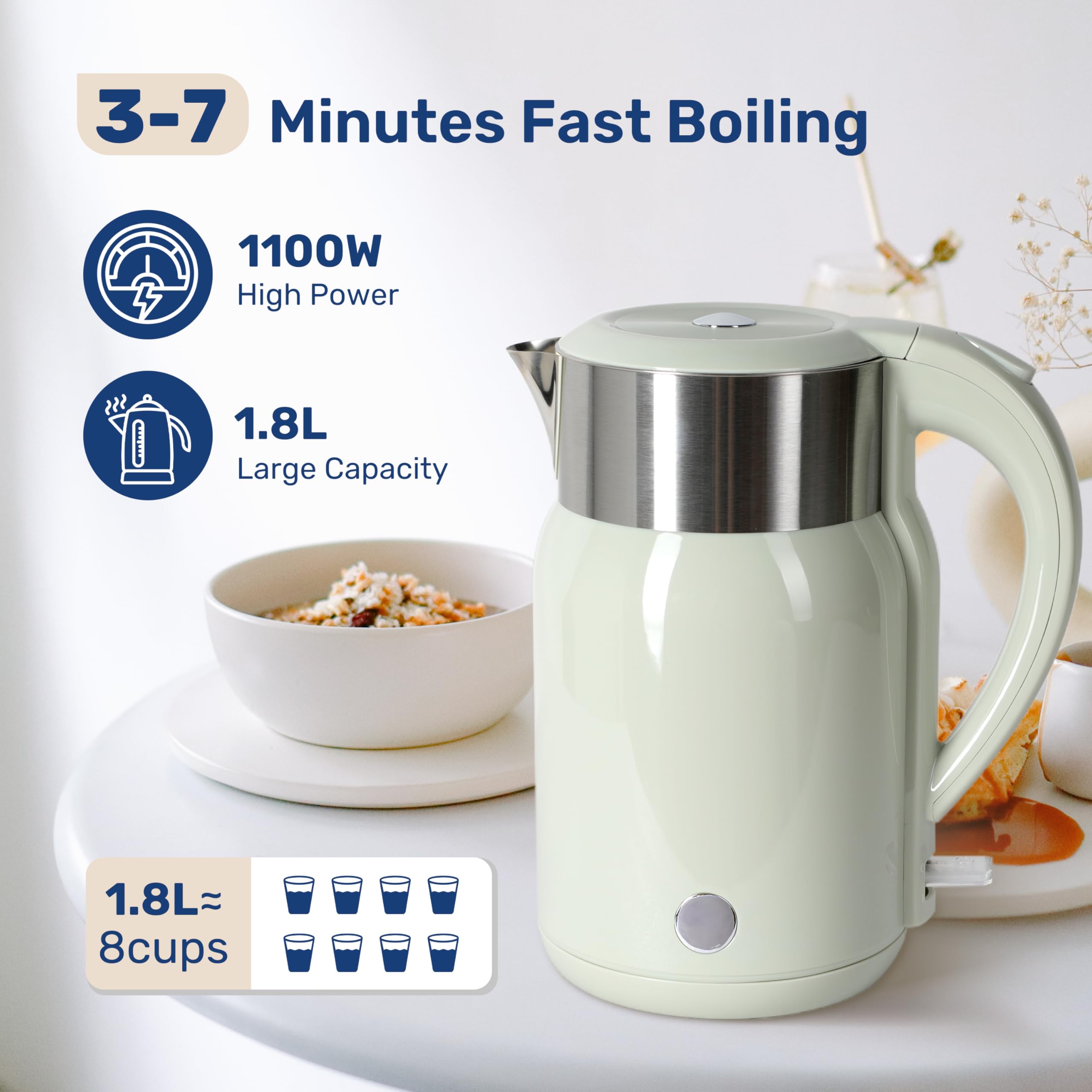 Electric Kettle, 1.8 Liter 1100W, BPA Free Fast Boiling Cordless Water Boiler, Auto Shut-Off and Boil Dry Protection, Easy Clean Wide Opening, Cool Touch Handle, 360° Rotation, Mint green