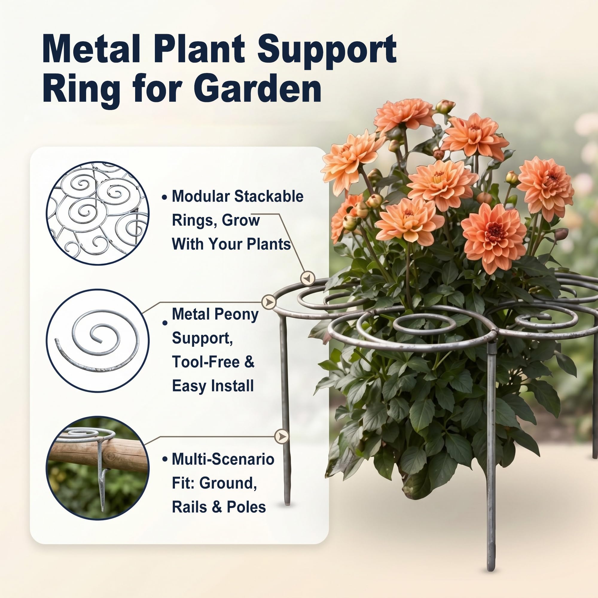 Anneau Support Plantes Métal Décoratif, Cage Fleurs Robustes Antirouille, Piquet Plante Empilable Croissance Traversante pour Pivoines Dahlias, Support Croissance Verticale (S(2PCS))