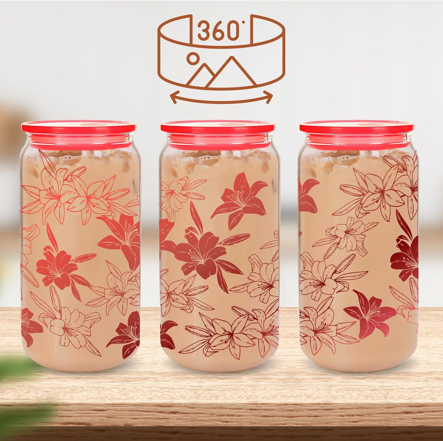 Kihraw Lily flower Glass Cups Floral Drinking Glasses Lovely Floral Iced Coffee Cup with 2 Straw 16 oz for Women Girl Holiday Summer Home Office Decorations - Image 4