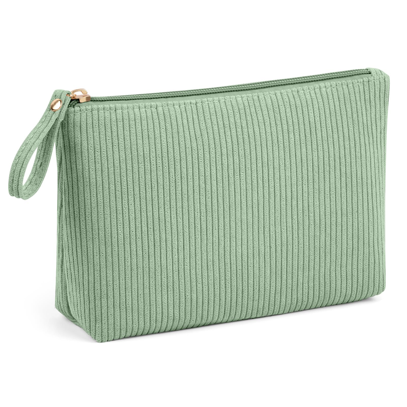 MAGEFY Kosmetiktasche Kleine Cord Make Up Tasche für Handtasche Reise Schminktasche Damen mit Fächern&Griff-Reißverschluss Tragbar Make-up Bag für Frauen(Grün)